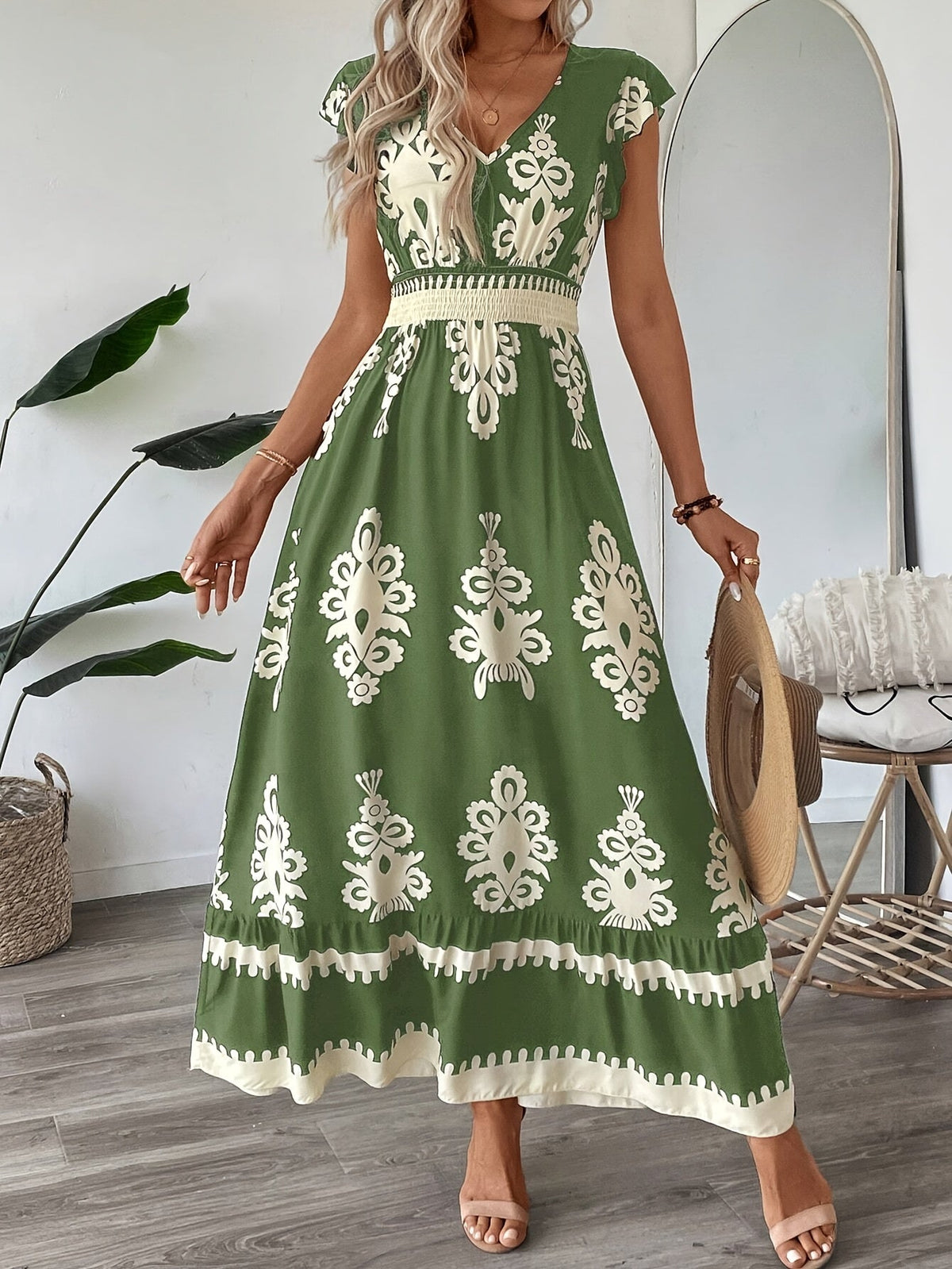 Women's Navy Blue Floral Print V-Neck A-Line Dress with Ruffled Cap Sleeves