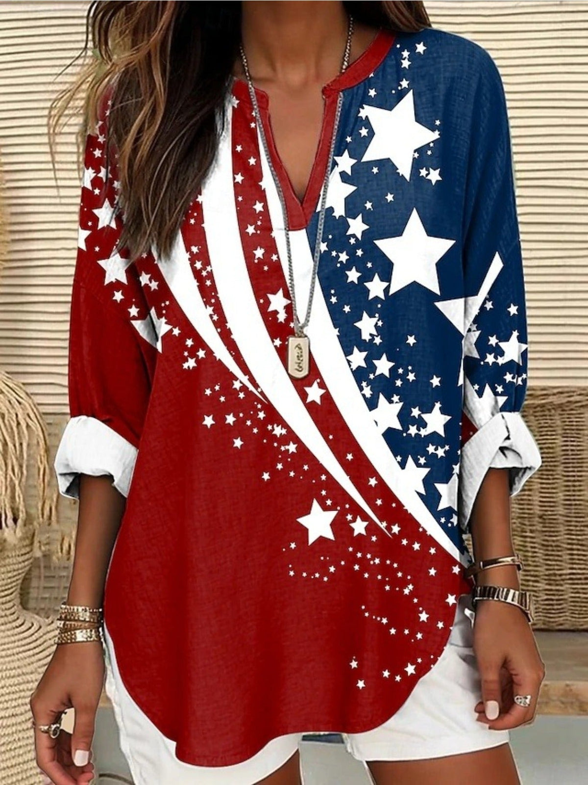 Red White & Blue National Flag Print V-Neck Long Sleeve Shirt