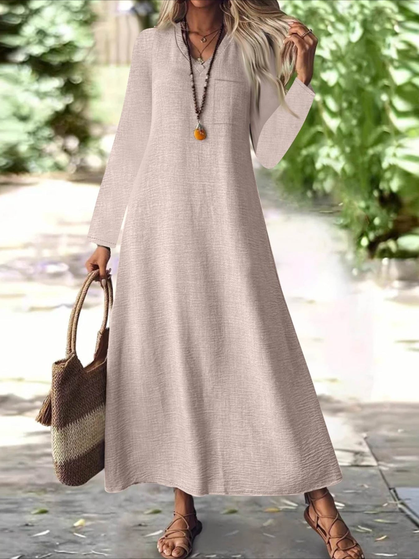 Back Zipper Solid Color Long Sleeve Cotton and Linen Dress