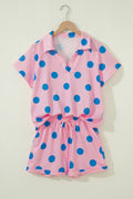 Pink Polka Dot Print V Neck Tee Short Set