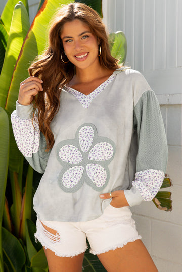 Green Floral Patched Waffle Textured Colorblock V Neck Casual Hooded Top