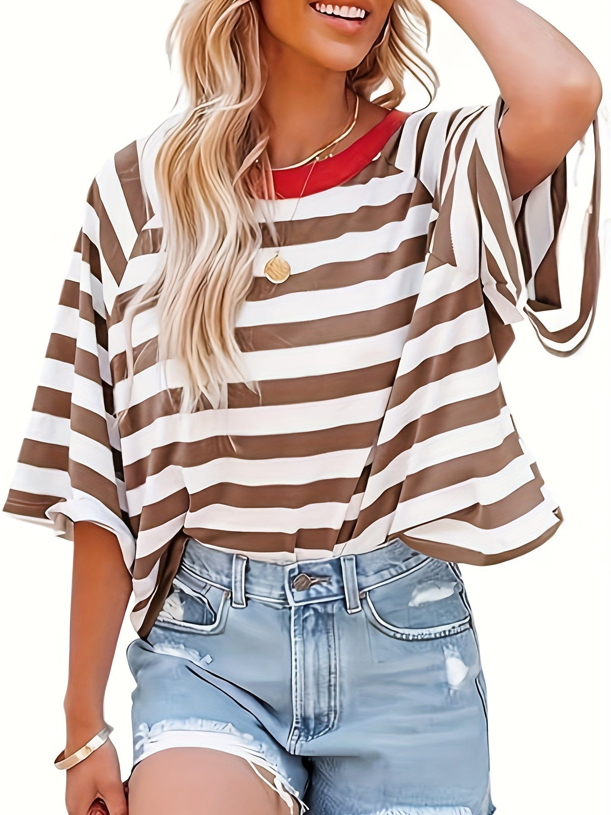 Striped Drop Shoulder Loose T-Shirt, Casual Short Sleeve T-Shirt