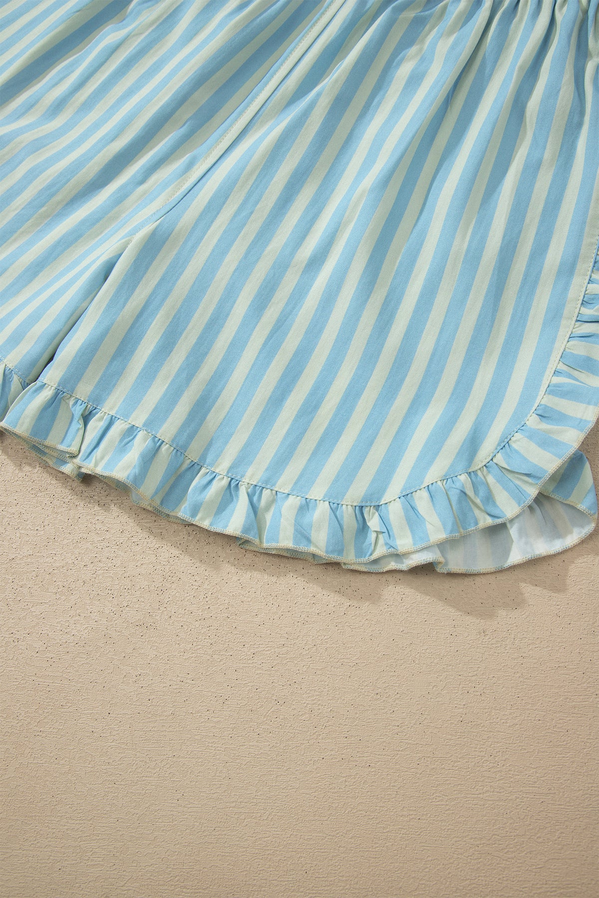 Sky Blue Stripe Elastic Waist Ruffle Trim Casual Shorts
