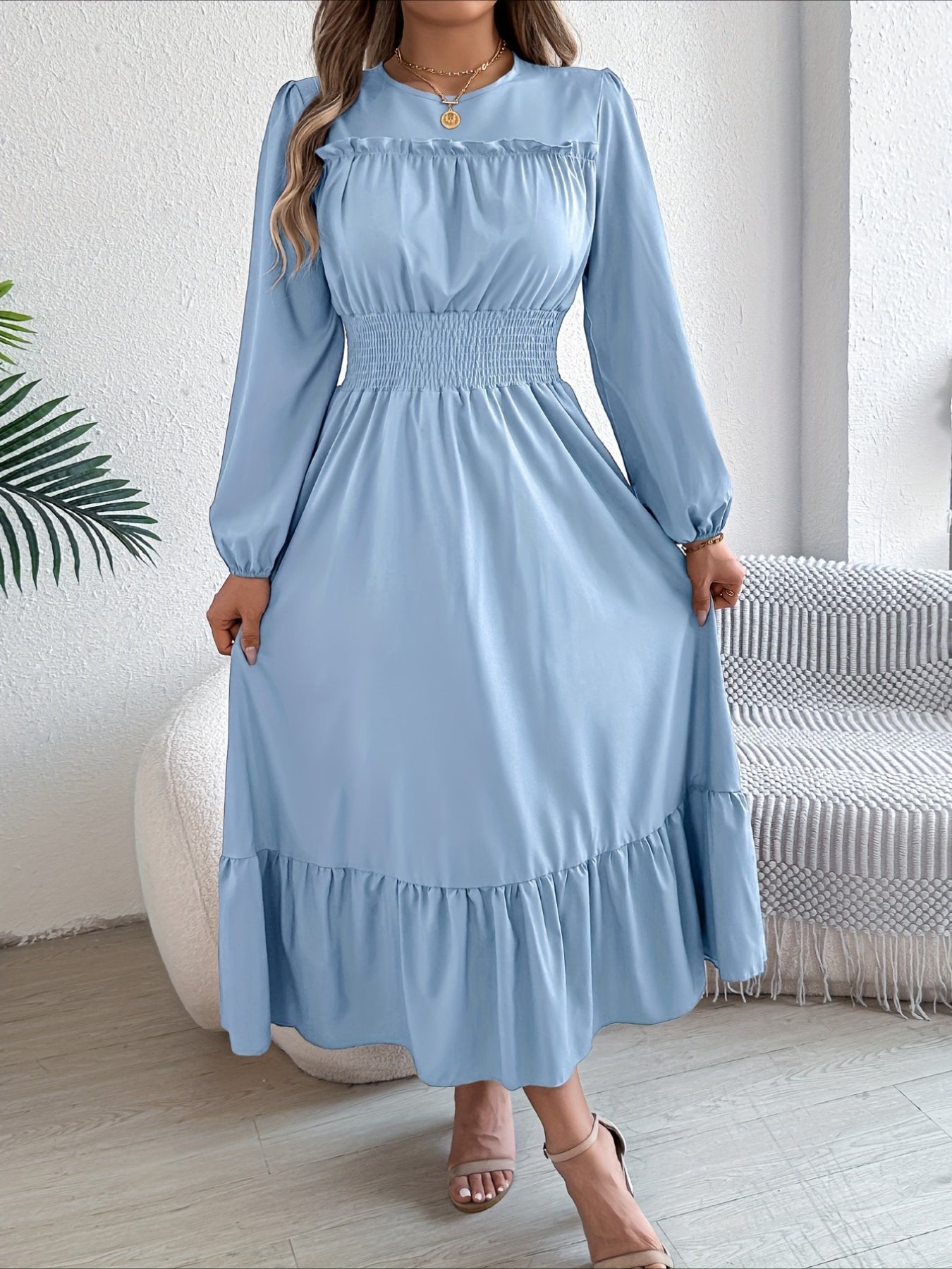 Elegant Long Sleeve Hem Round Neck Dress