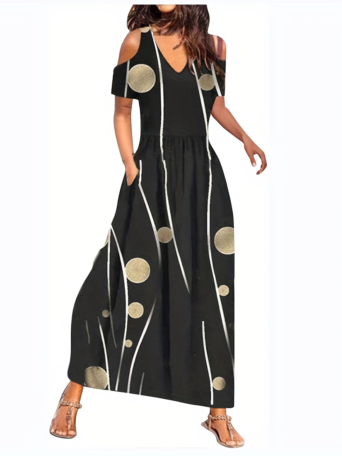 Floral Print Cold Shoulder Dress, Boho Casual V Neck Short Sleeve Ankle Dress