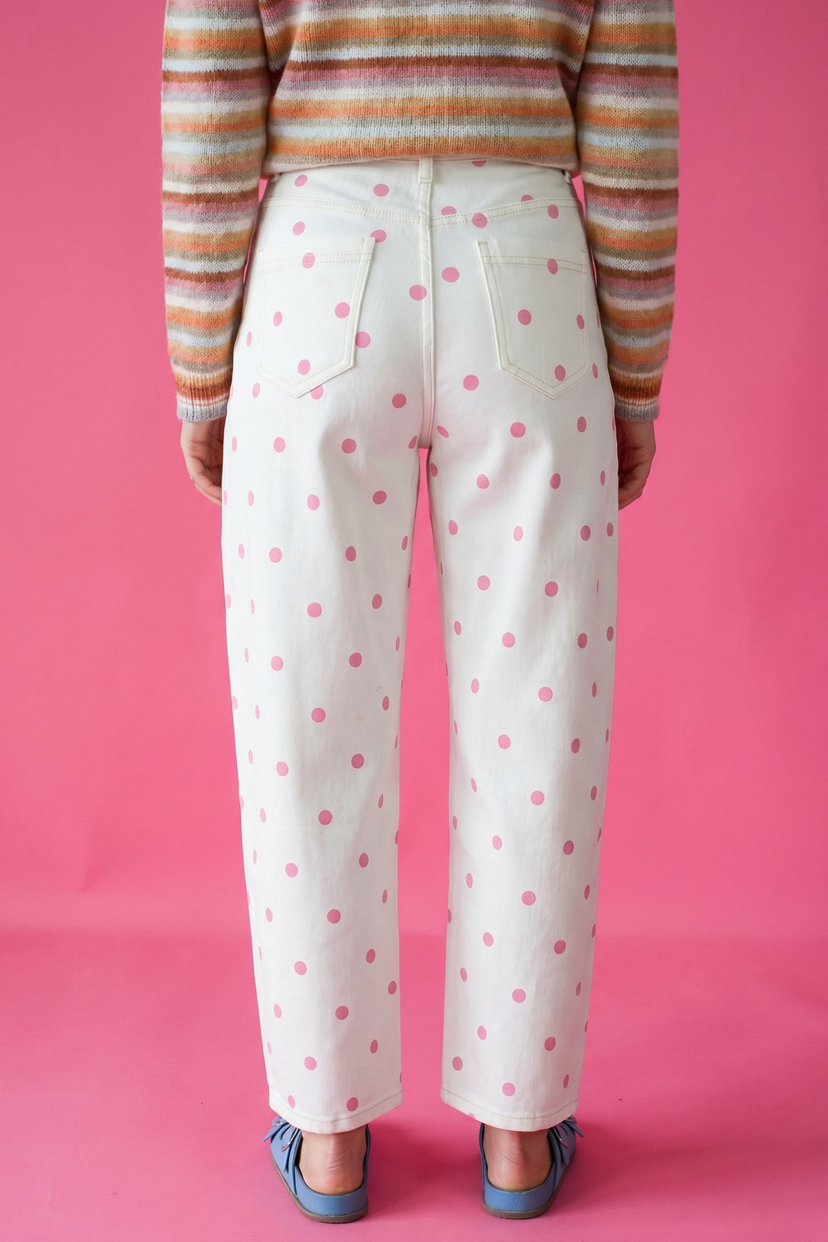 Pink Tailored Seam Polka Dot Print Barrel Casual Jeans
