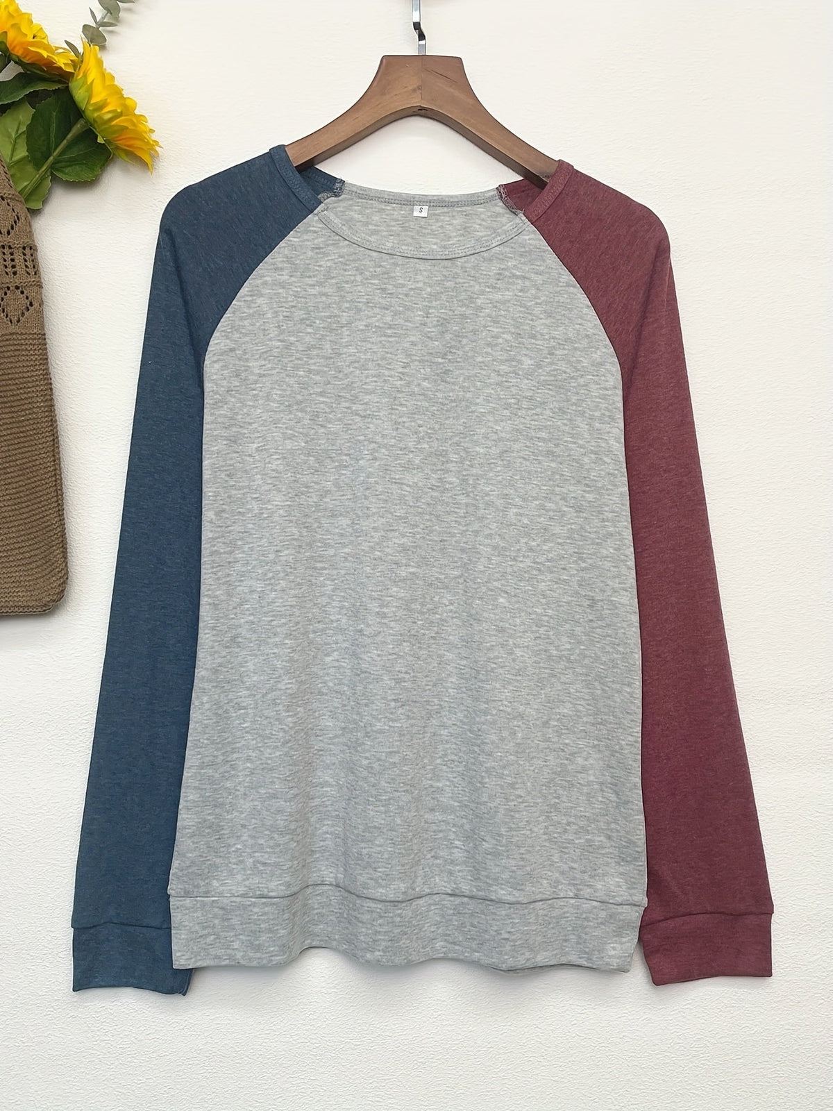 Color Block Long Sleeve Shirt, Oversized Crew Neck Top