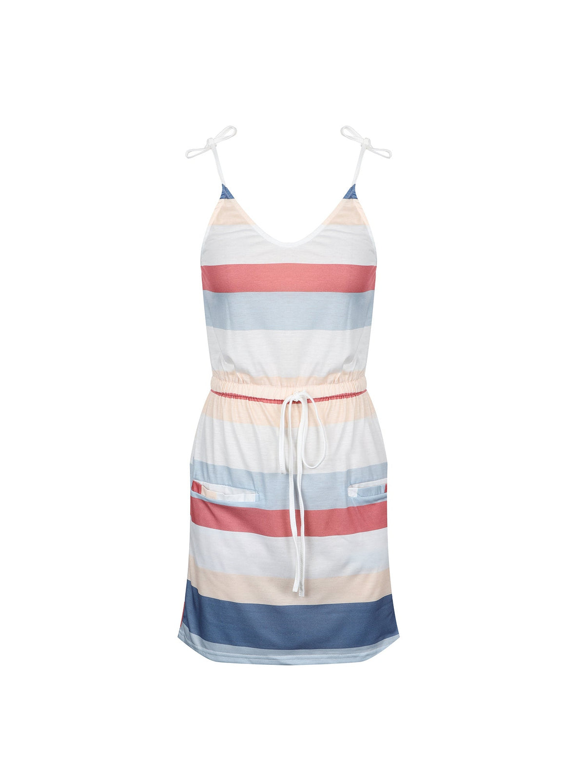 Striped Drawstring Lace Up Dress, Pocket V-neck Sleeveless Dress