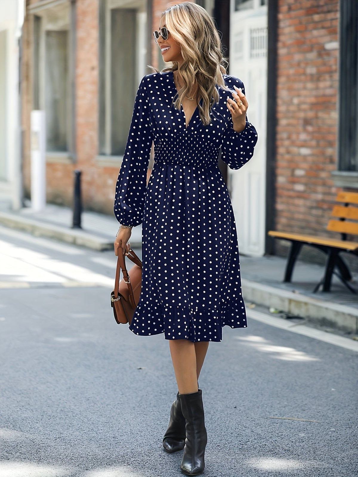 Retro V-neck Ruffle Dress, Polka Dot Print Long Sleeve Waist Loose Summer Dresses