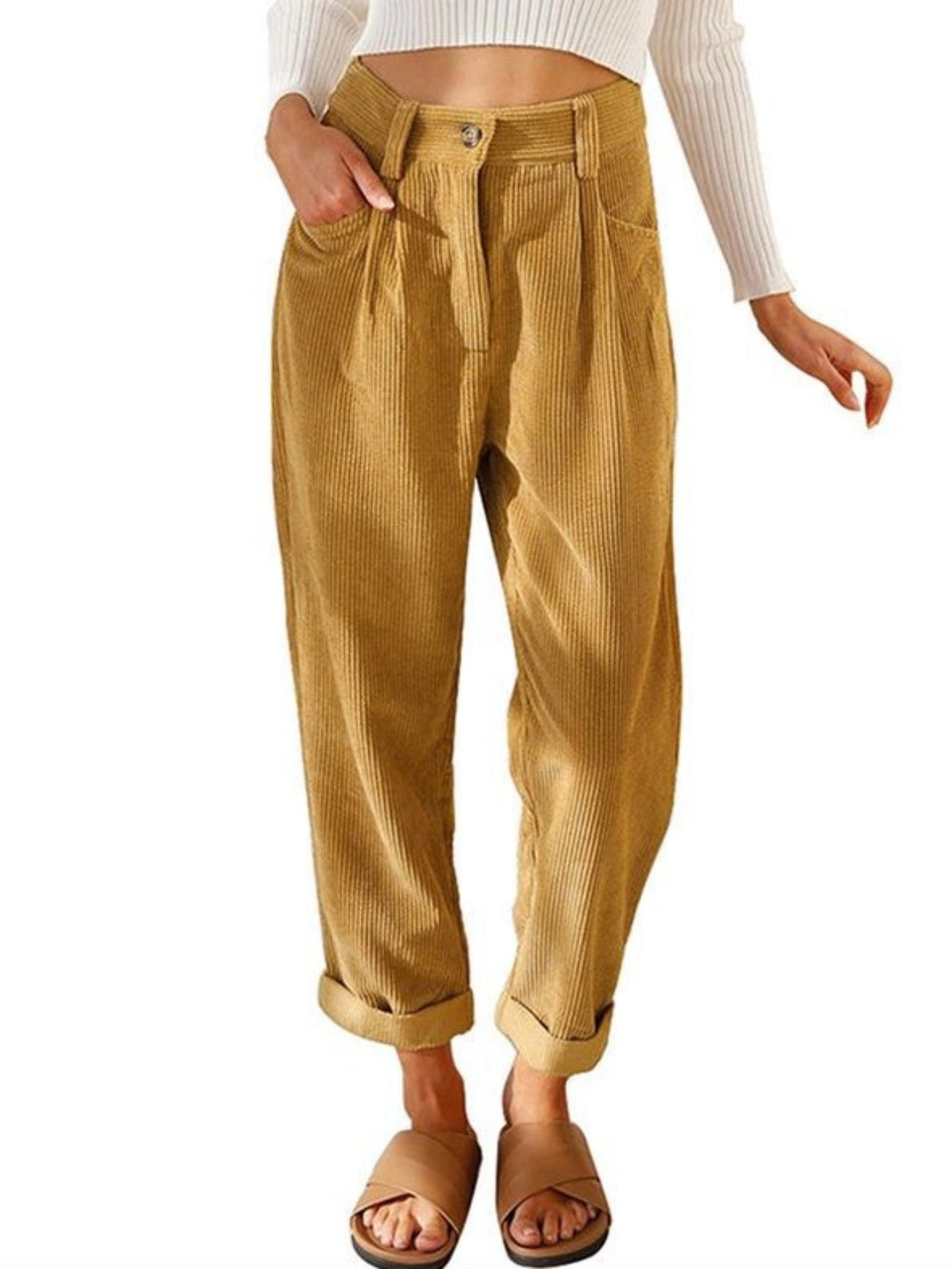 Women's High-Waist Corduroy Pants - Casual Solid Color, Loose Fit Straight Leg with Pockets