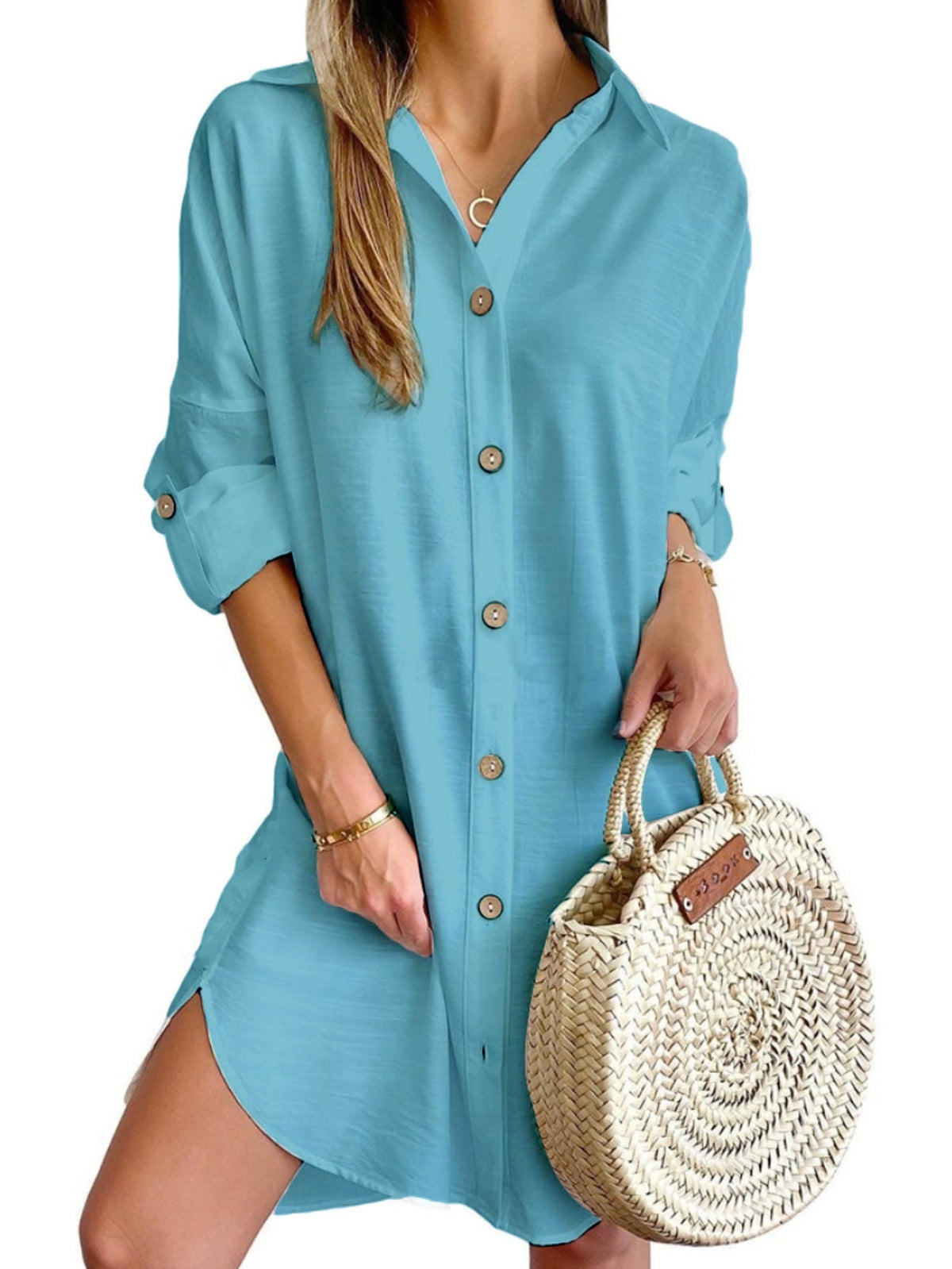 Solid Color Button Front Shirt Dress, Casual Long Sleeve Lapel Dress