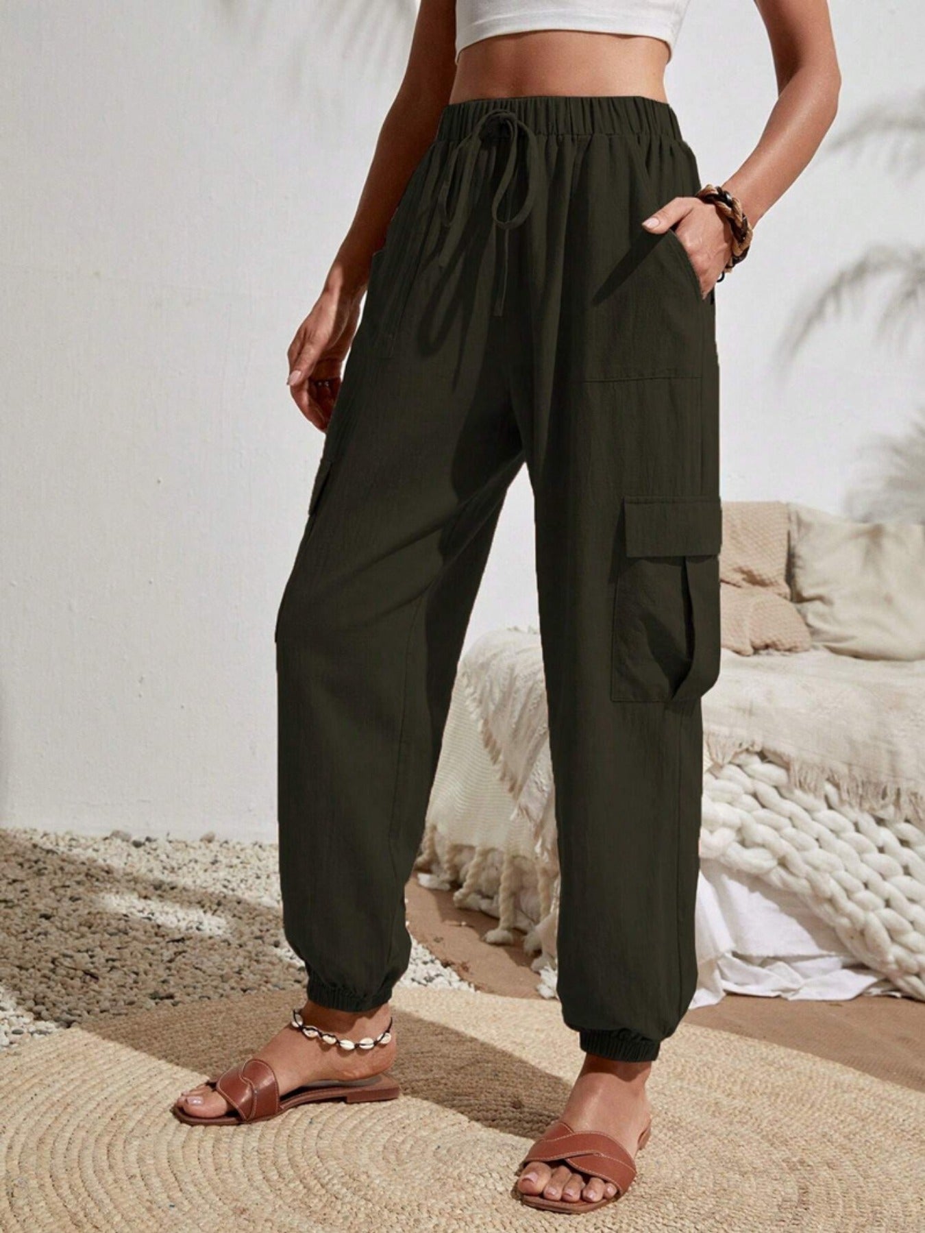 Solid Drawstring Pants, Casual Slant Pockets Cargo Pants