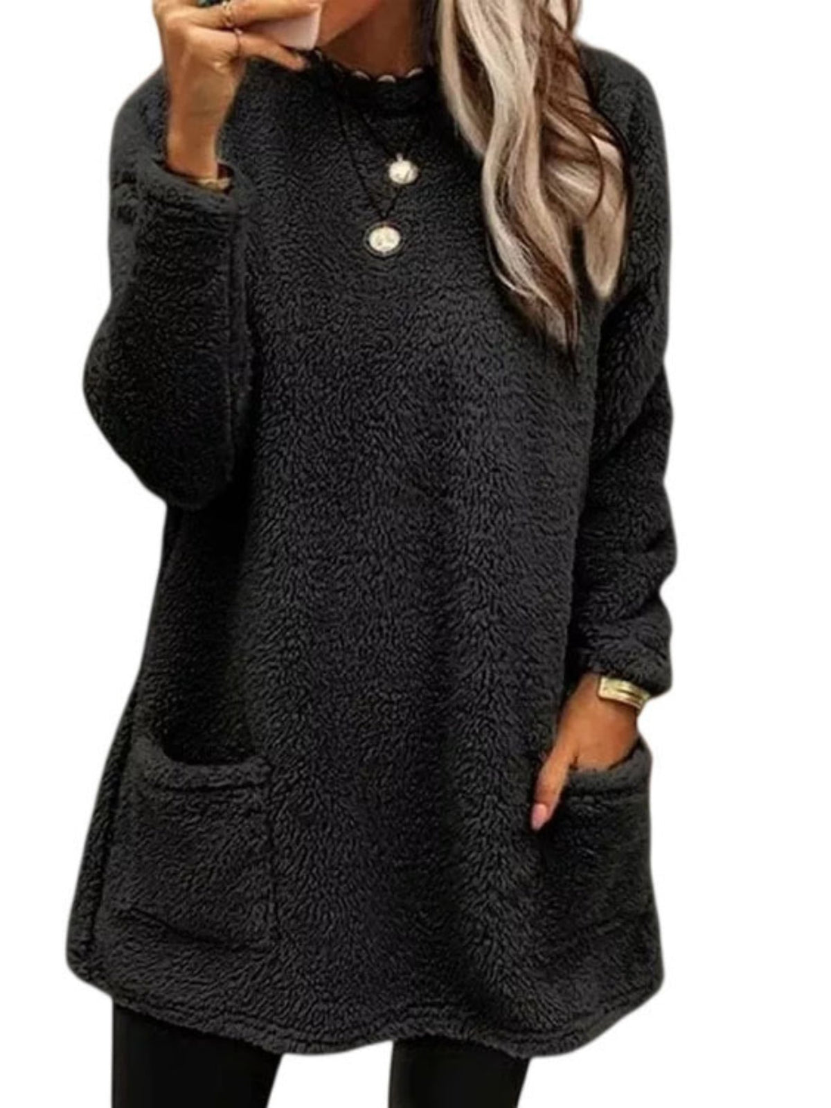 Solid Color Pullover Teddy Sweatshirt, Casual Long Sleeve Crew Neck Dual Pockets Sweatshirt