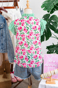 Multicolour Sweet Floral Print Striped Ruffle Trim V Neck Blouse