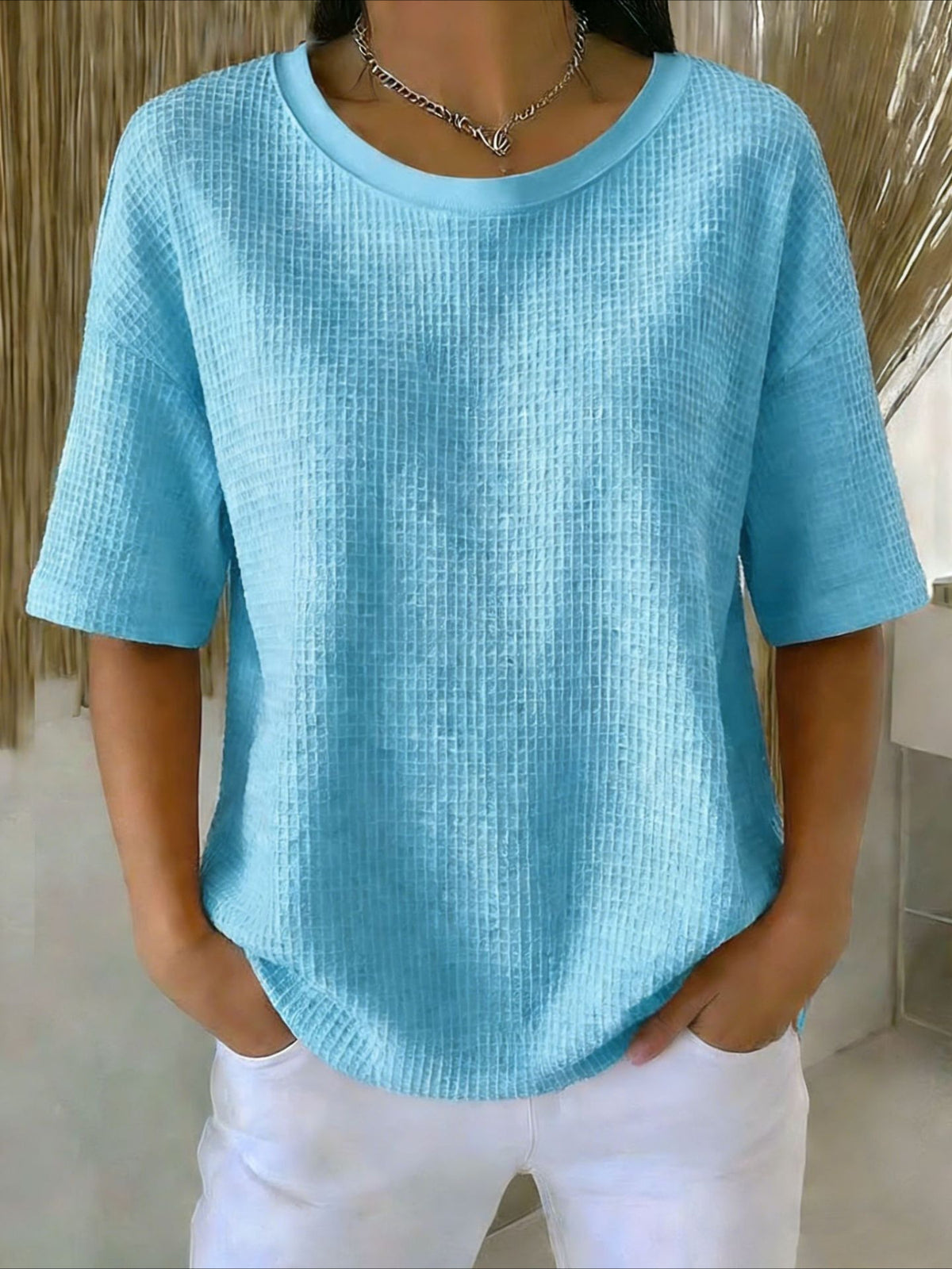 Waffle Solid Color Classic Modern Casual Short Sleeve Crew Neck Regular Tops