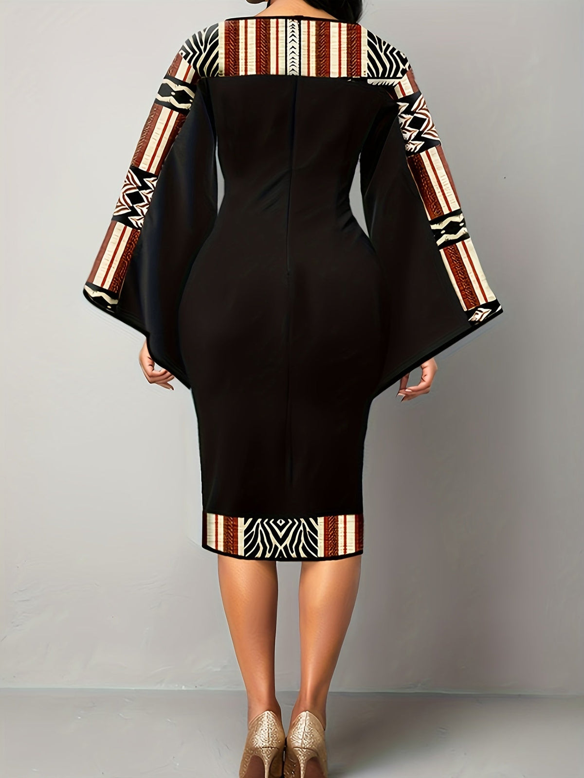 Colorblock Geometric Print Bell Sleeve Round Neck Keyhole Midi Dress