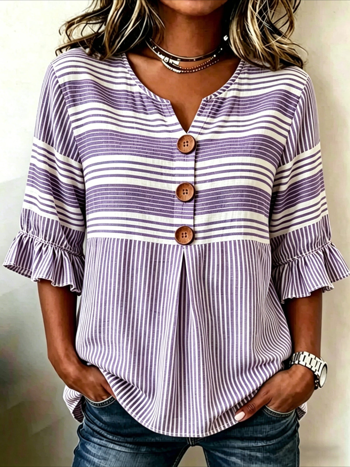 Striped Print V Neck Button Short Ruffle Sleeve Casual Top