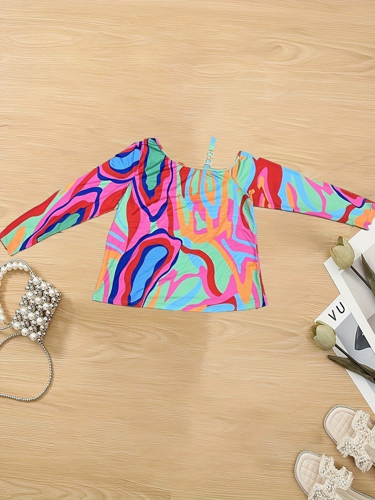 Women's Solid Striped Metal Decor Long Sleeve One Shoulder Top