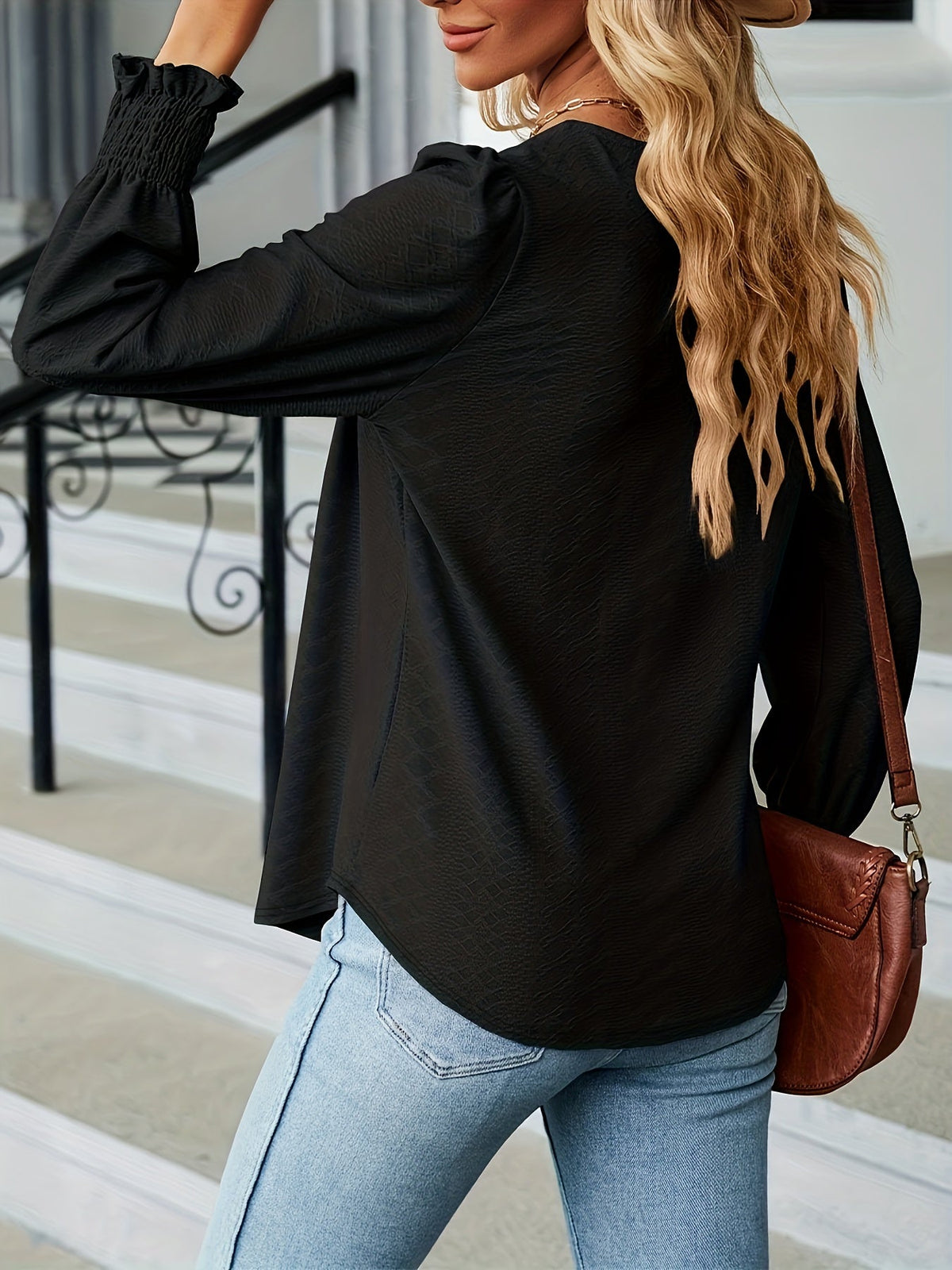 Elegant T-shirt, Women's  Argyle Textured Shirred Lantern Sleeve Square Neck Ruched Top