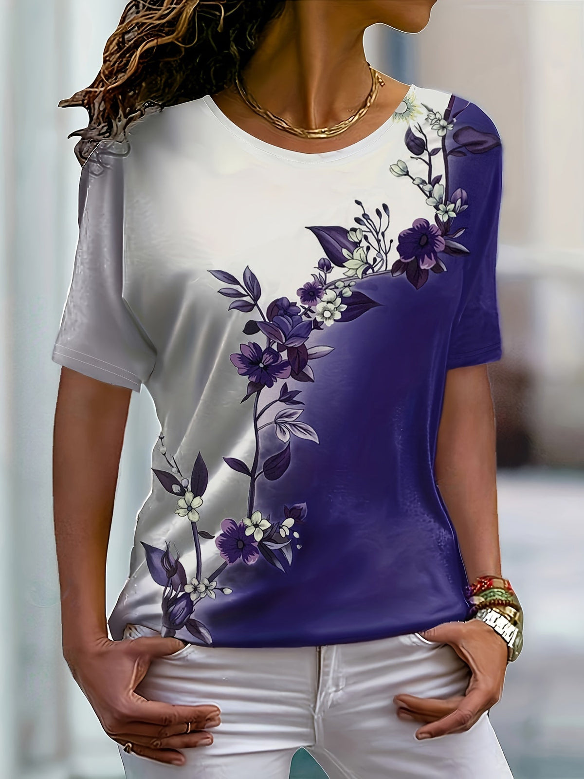 Short Sleeve Floral Print Colorblock Crew Neck T-Shirt