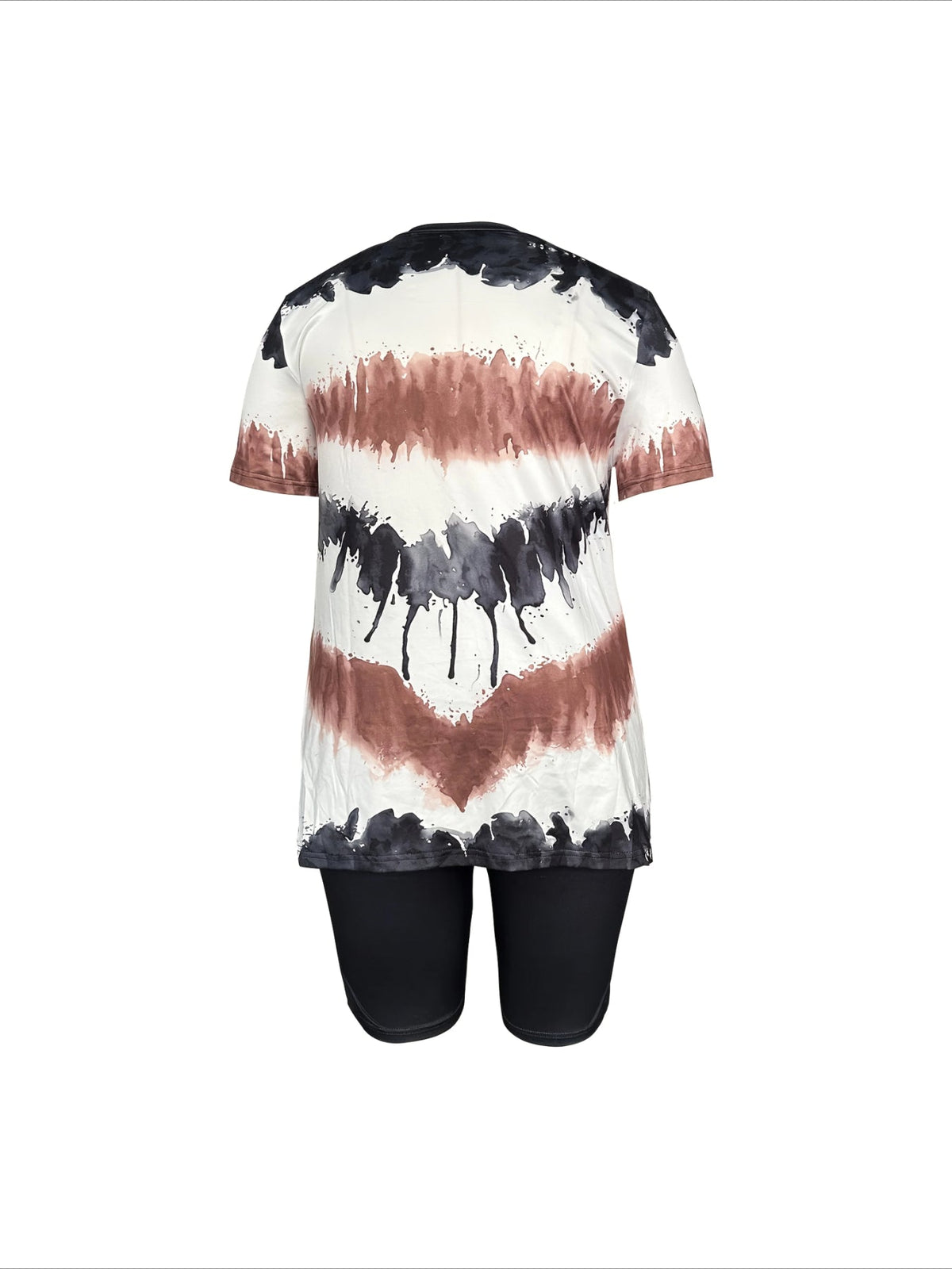 Casual Two-Piece Set Color Block Print Short Sleeve Top With Side Slit & High-Waisted Shorts