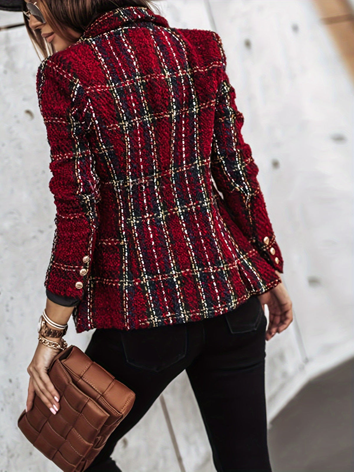 Double-breasted Notched Lapel Blazer, Elegant Plaid Tweed Long Sleeve Blazer For Office & Work