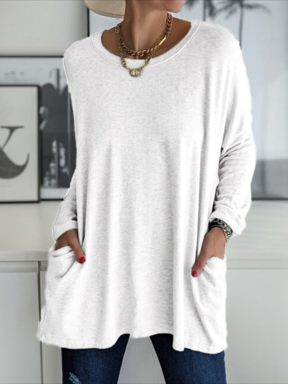 Solid Color Pocket Long Sleeve Crew Neck Top