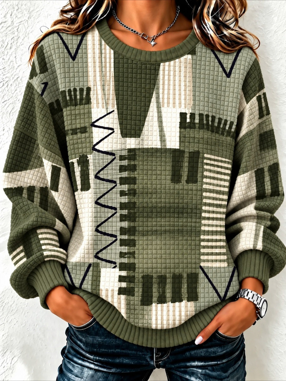 Abstract Geometric Print Casual Crew Neck Regular Fit Sweatshirt