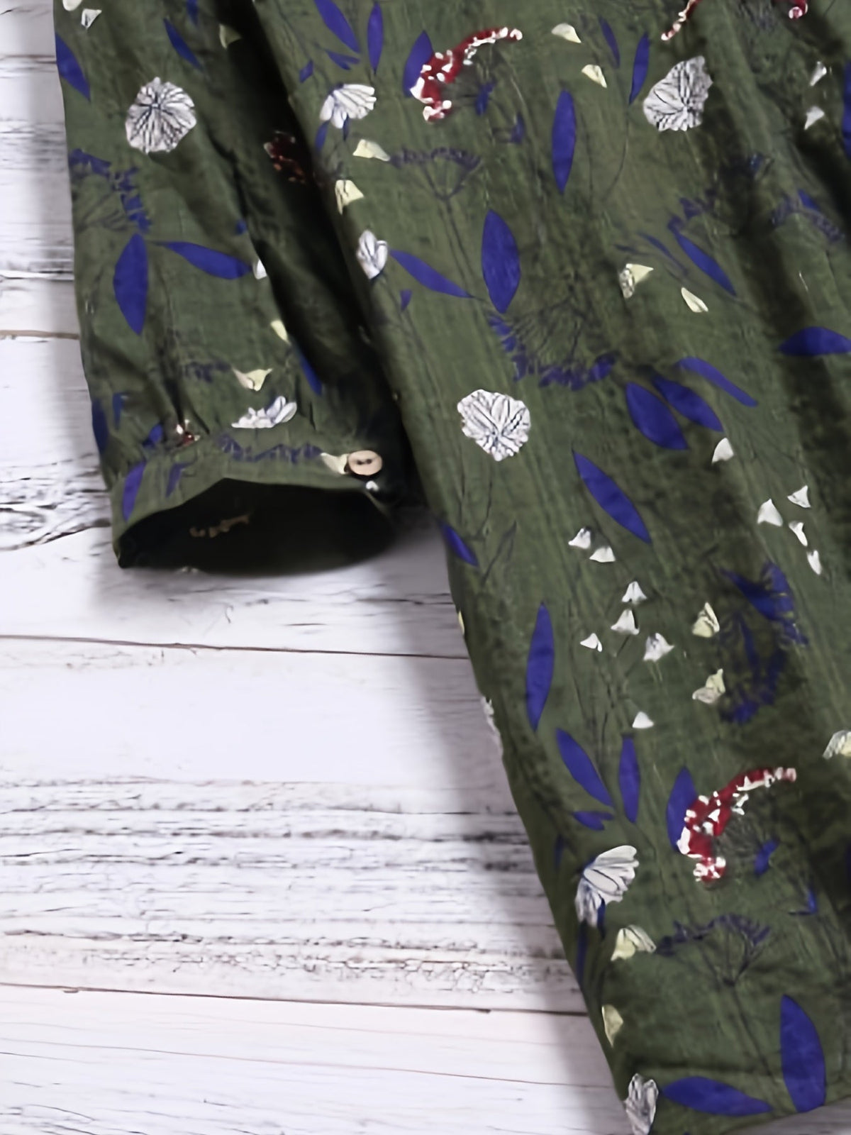Floral Print Shirt - 3/4 Sleeve, Shirred Round Neck, Loose Fit, Ruffled Blouse