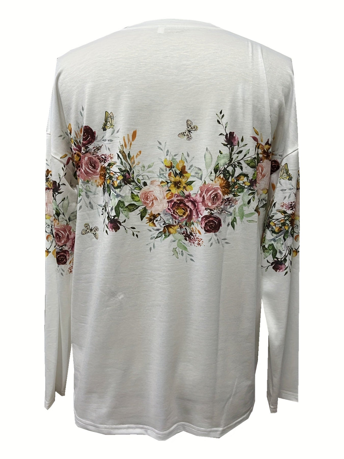 Floral Print Crew Neck T-Shirt, Casual Long Sleeve Top