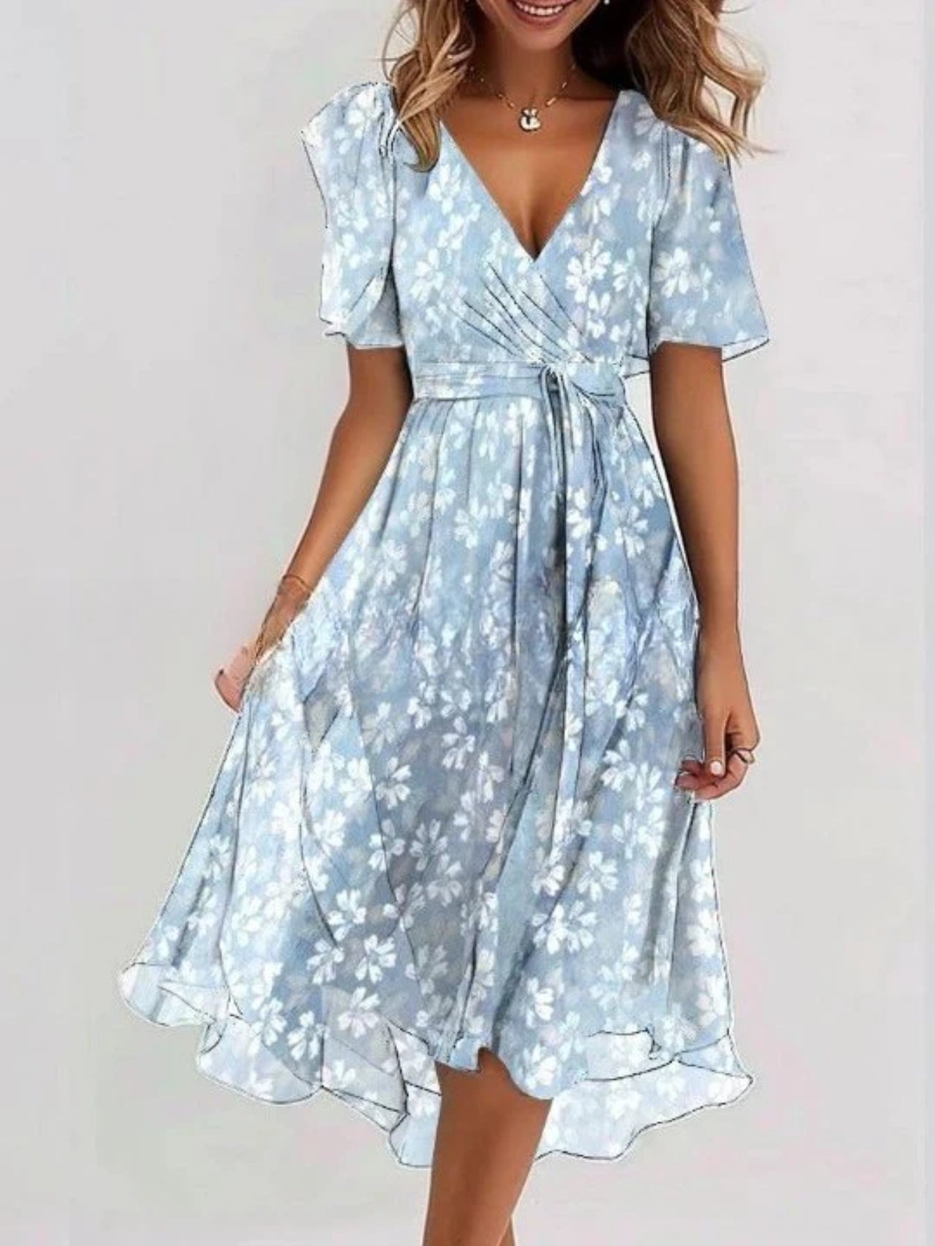 Short Sleeve V-Neck Floral Dress
