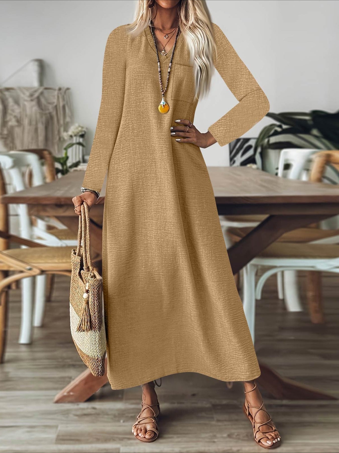 Back Zipper Solid Color Long Sleeve Cotton and Linen Dress
