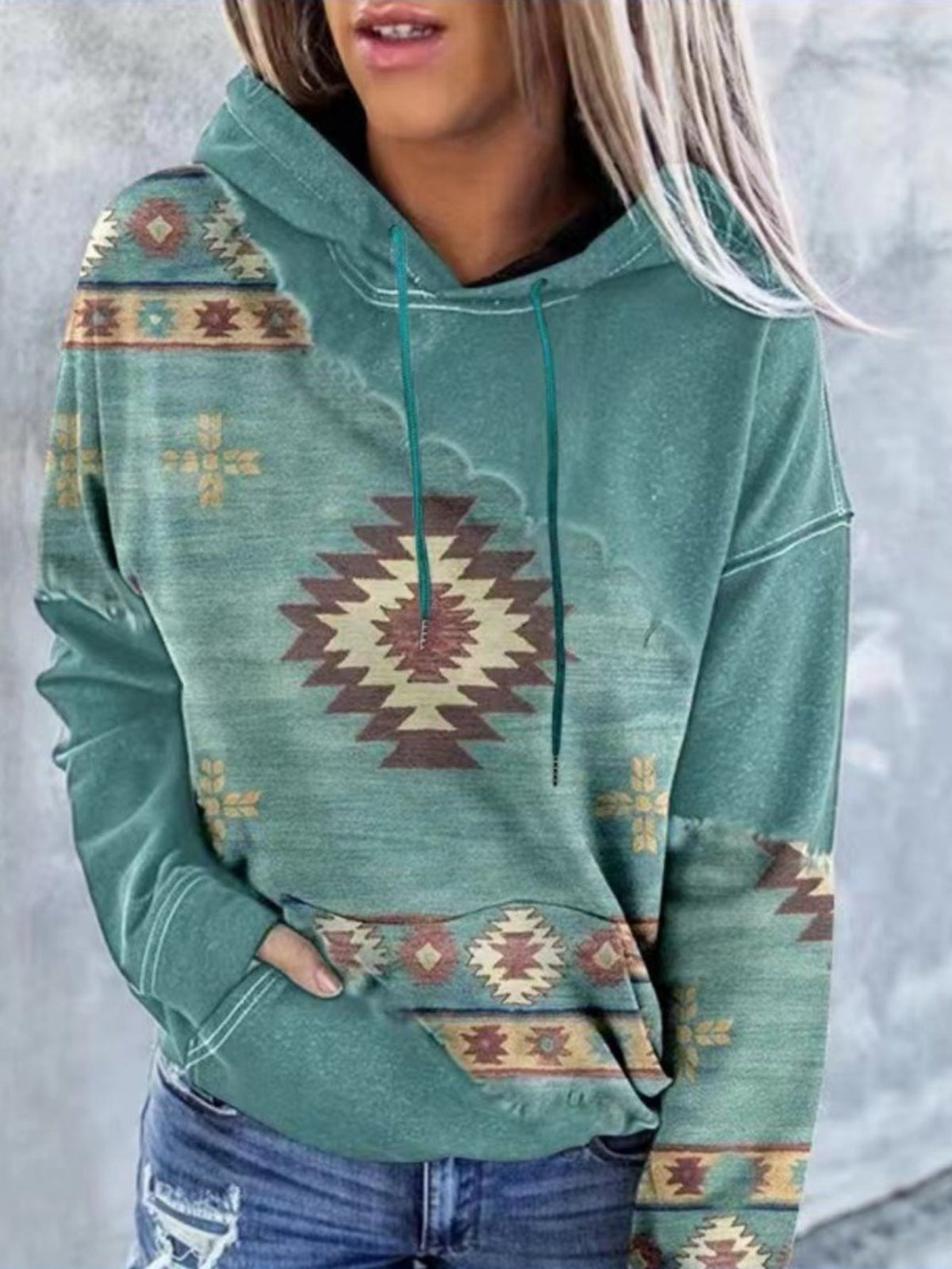 Aztec Geo Print Kangaroo Pocket Hoodie, Casual Long Sleeve Drawstring Hoodies Sweatshirt