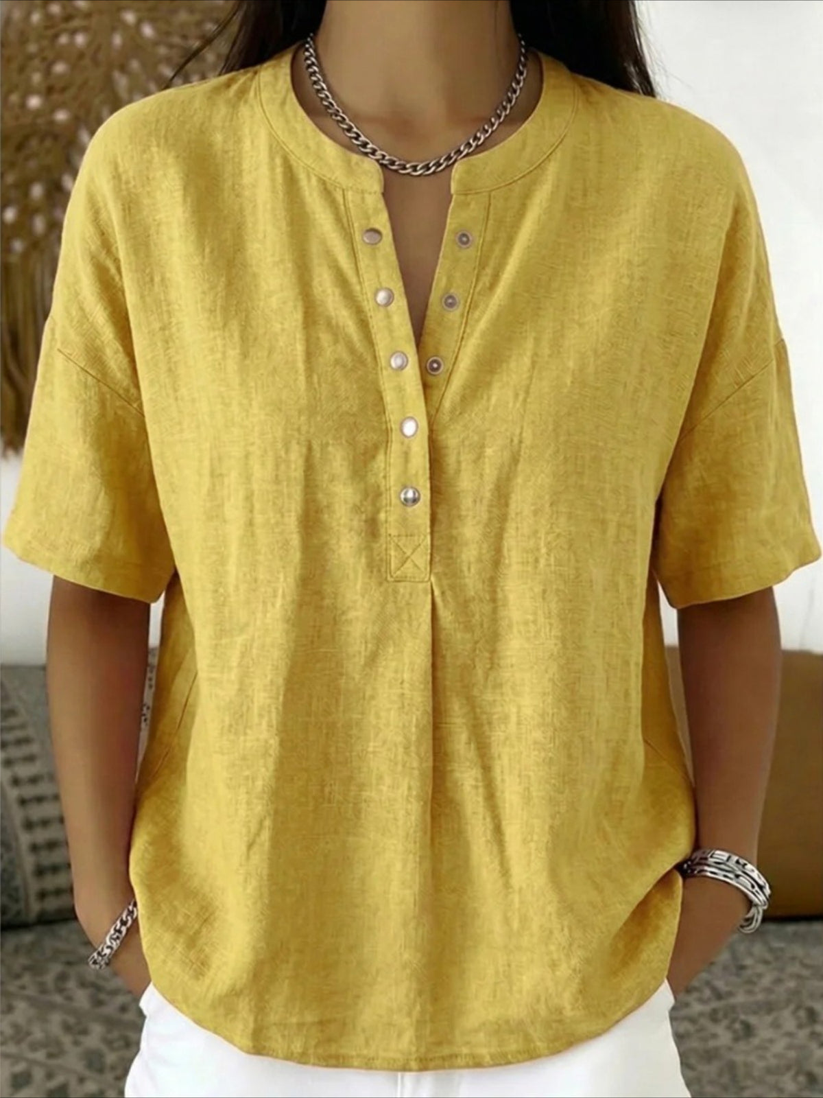 Cotton And Linen Round Neck Short Sleeve Button H-Line Daily Going Out Casual Loose Blouse