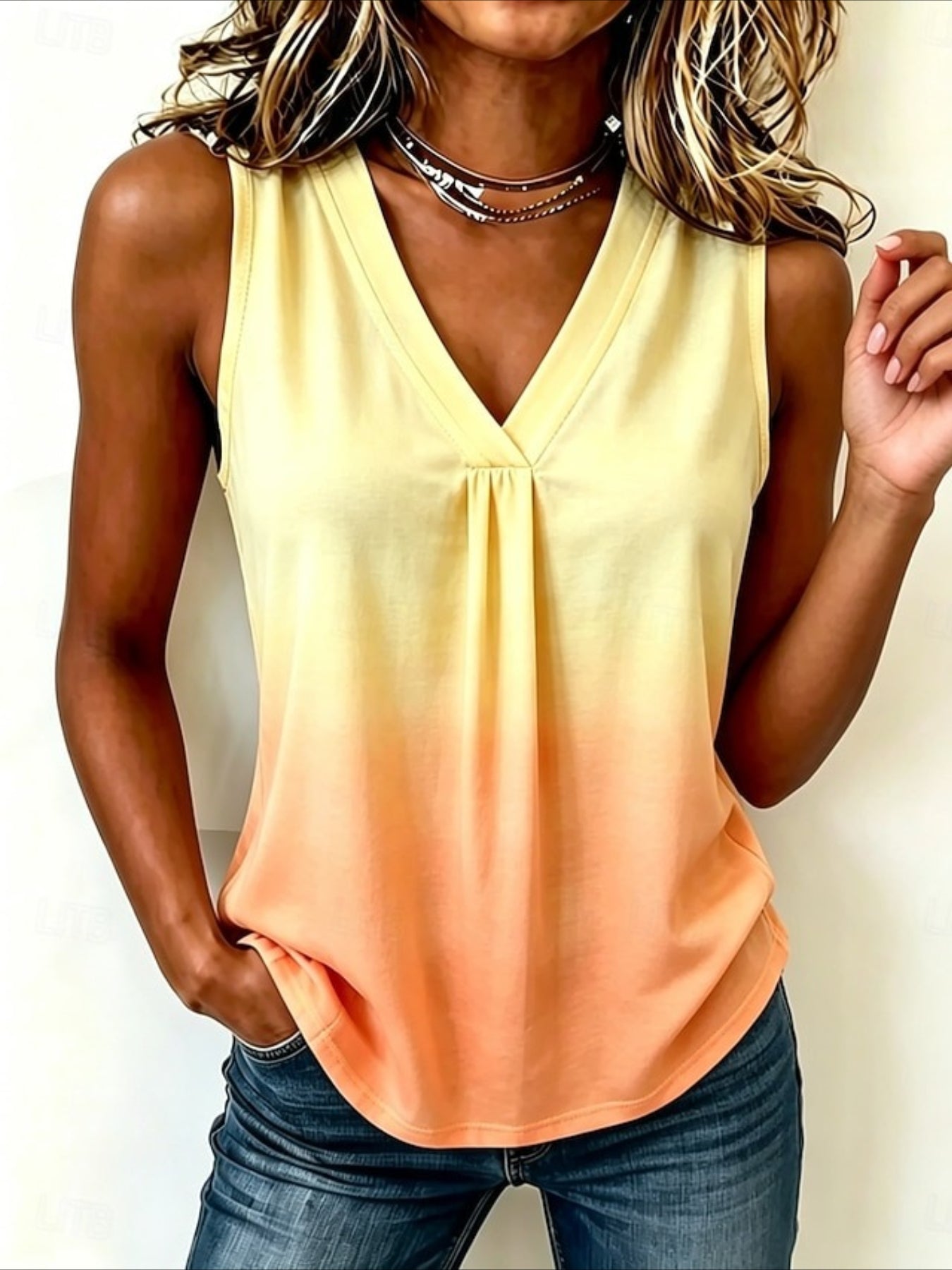 V-Neck Pullover Plaid Print Simple and Elegant Commuter Tank Top