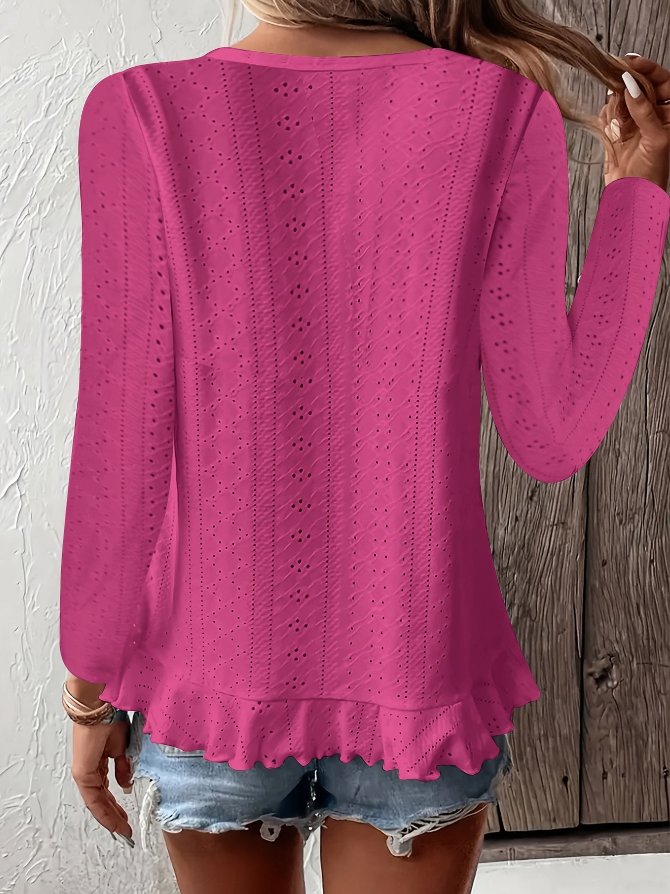 Stylish Asymmetrical Ruffle Hem Long Sleeve Top - Elegant Embroidered Solid Clothing