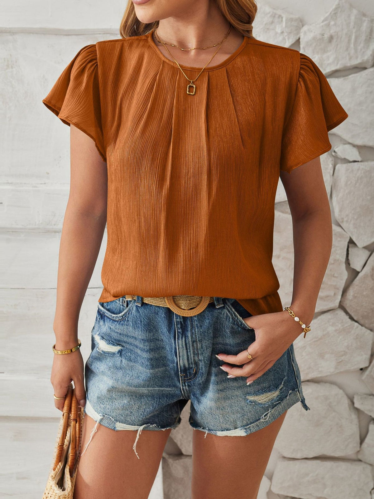Solid Crew Neck Ruffle Trim Blouse, Casual Textured Simple Blouse