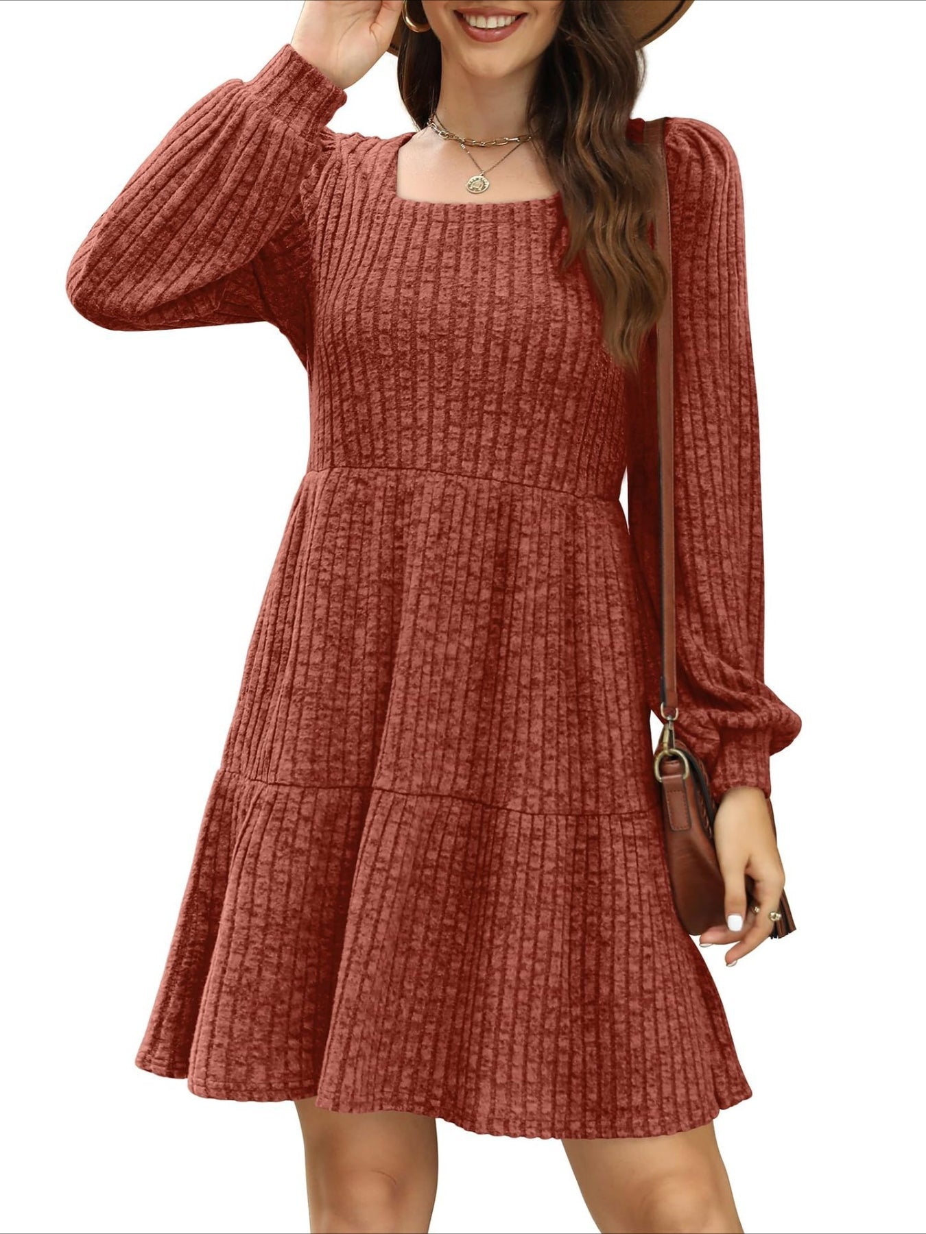 Square Neck Long Sleeve Dress with Pockets