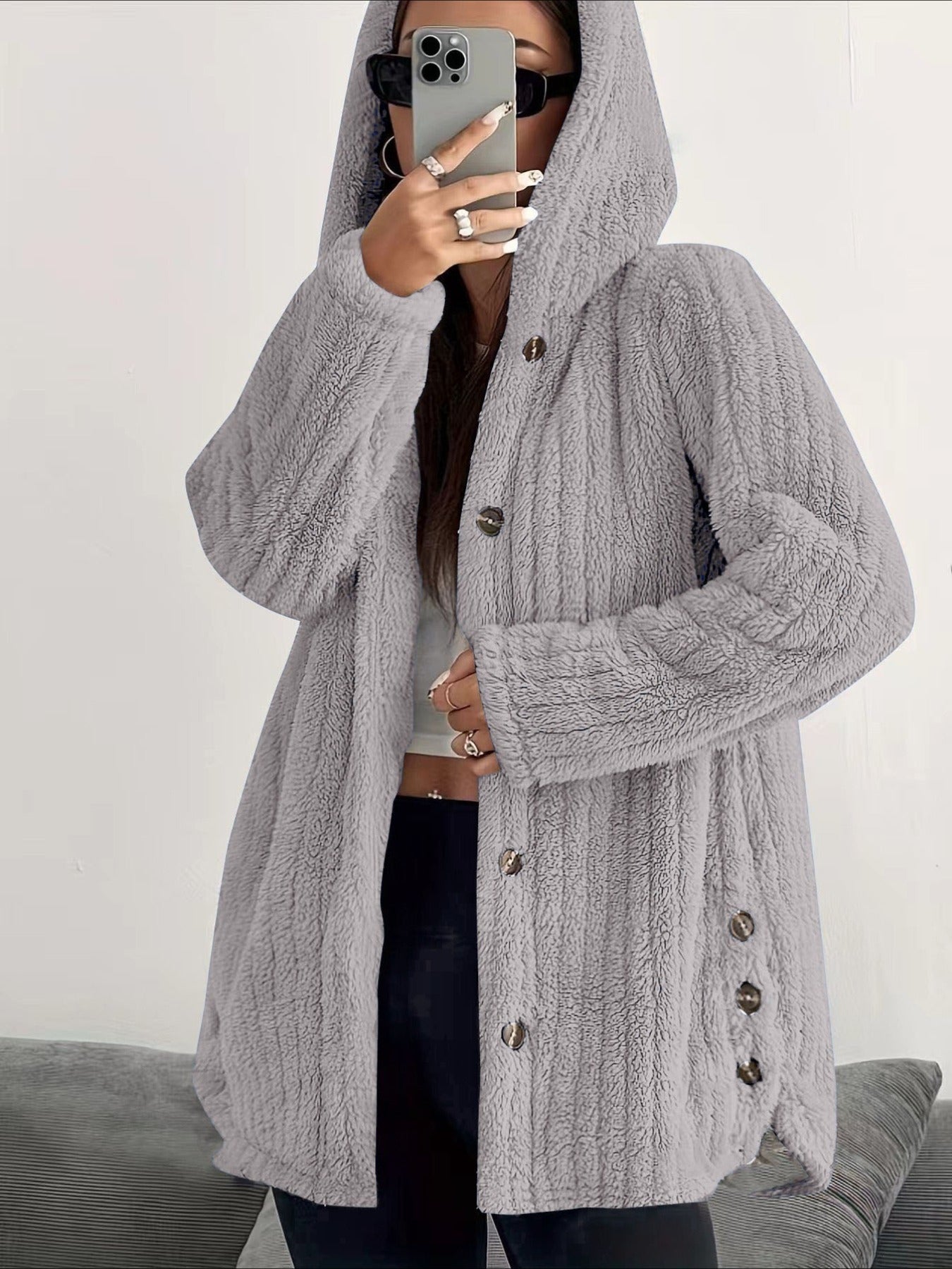 Solid Color Long Sleeve Hooded Loose Jacket