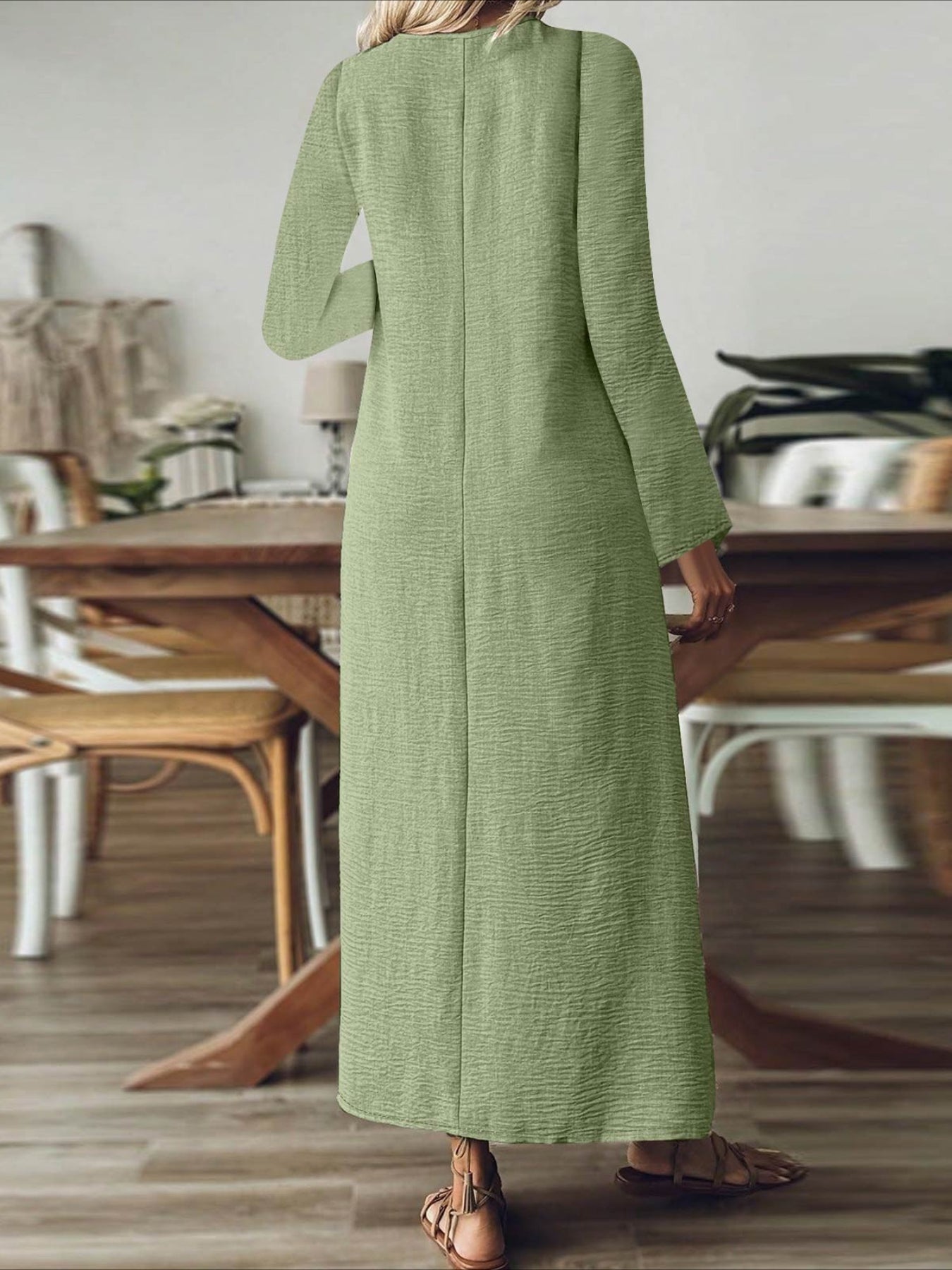 Back Zipper Solid Color Long Sleeve Cotton and Linen Dress
