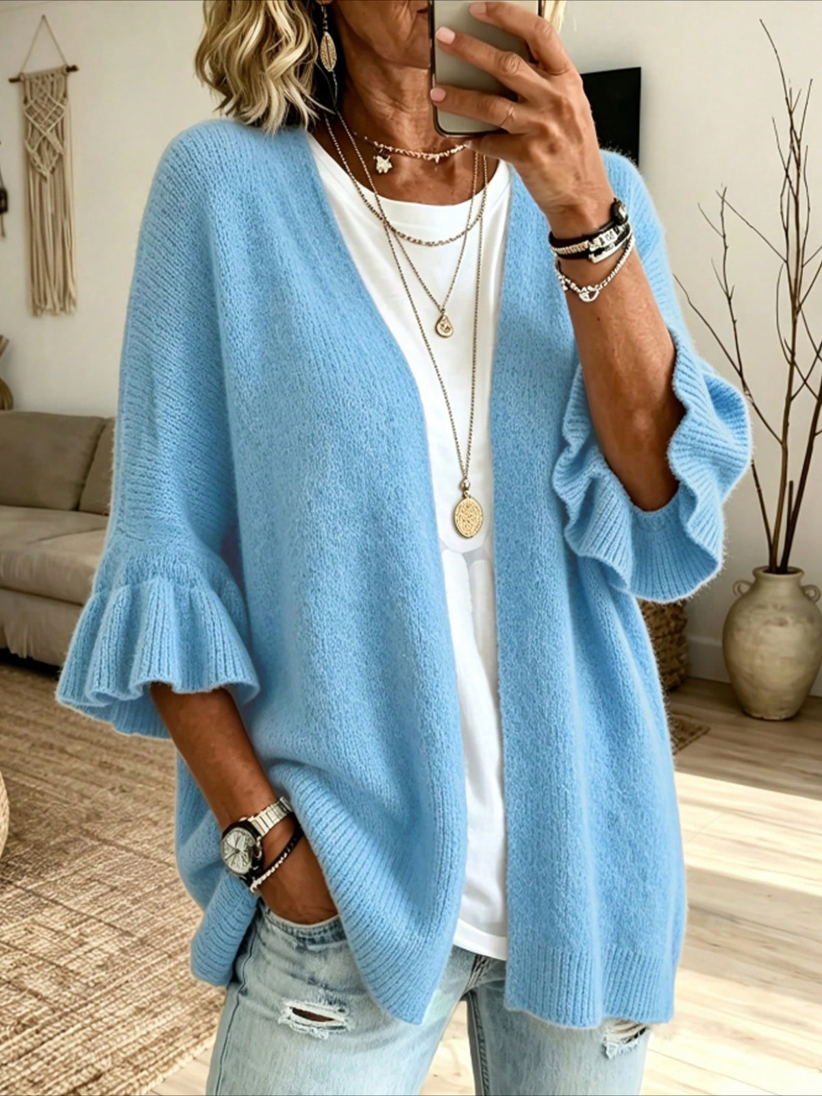 Open Front Ruffle Sleeve Knit Cardigan