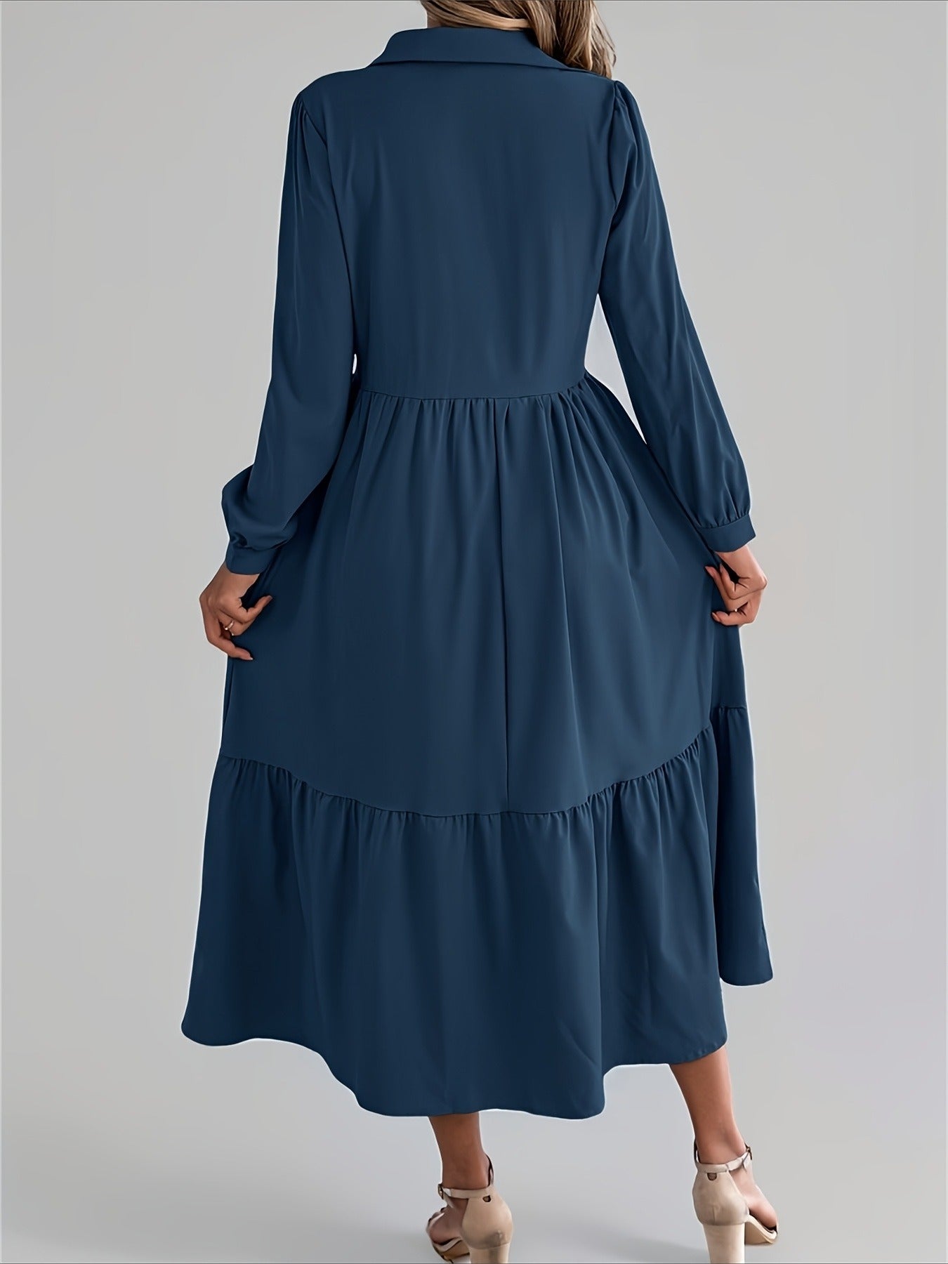 Elegant Solid Color Ruffle Hem Long Sleeve Lapel Collar Midi Dress