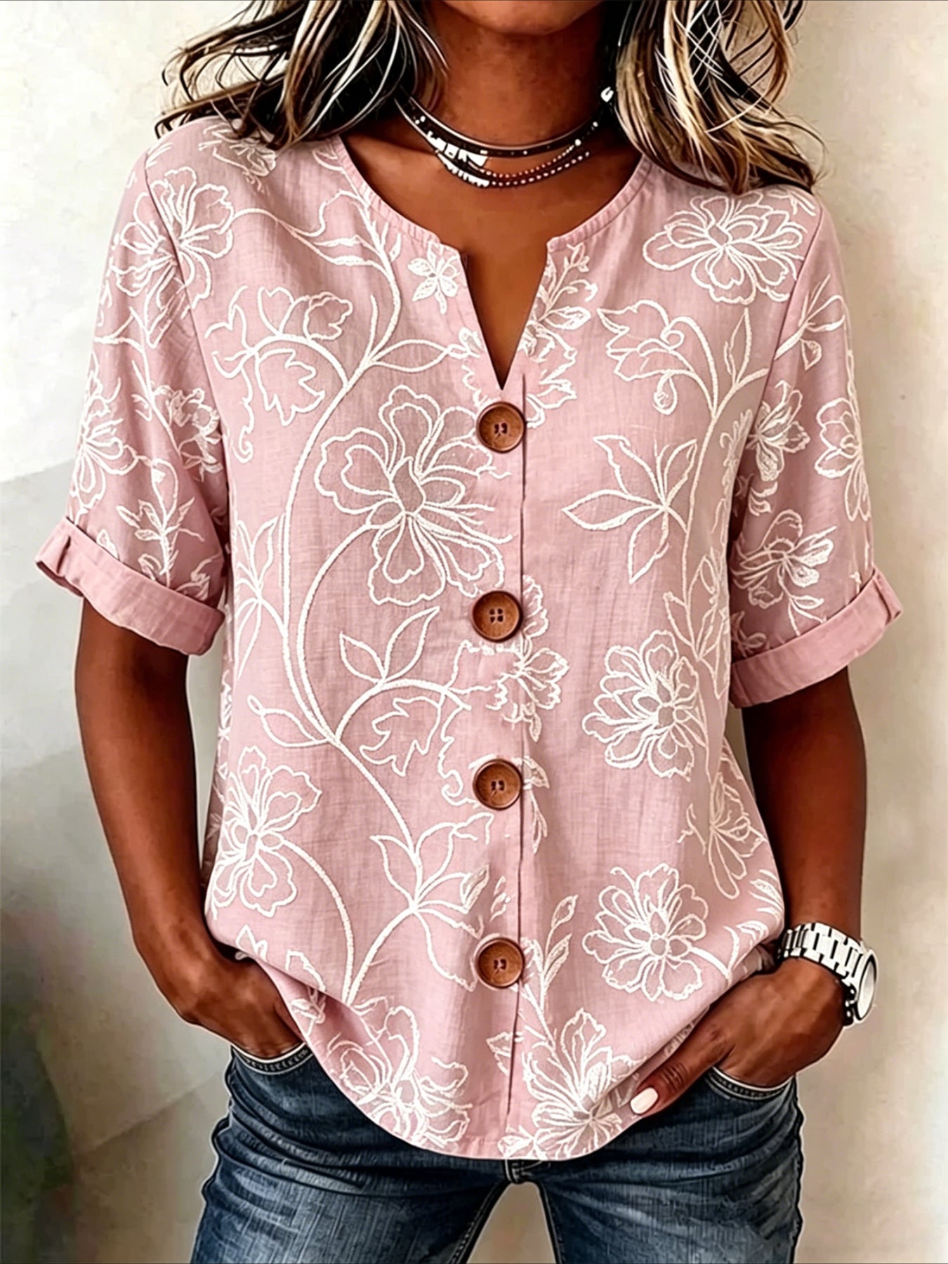 Stand Collar Long Sleeve Floral Regular Loose Shirt