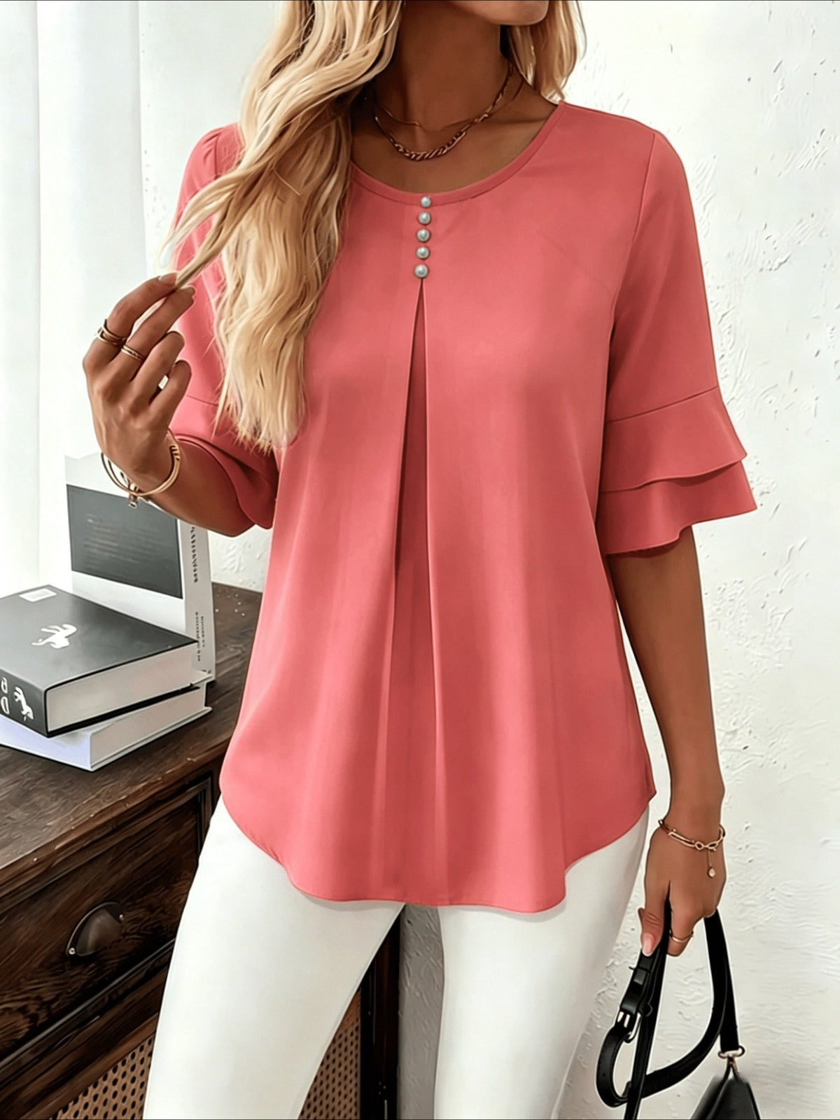 Elegant Fashion Summer Loose Solid Round Neck Button-Up Shirt Flared Sleeve Ruffle Top