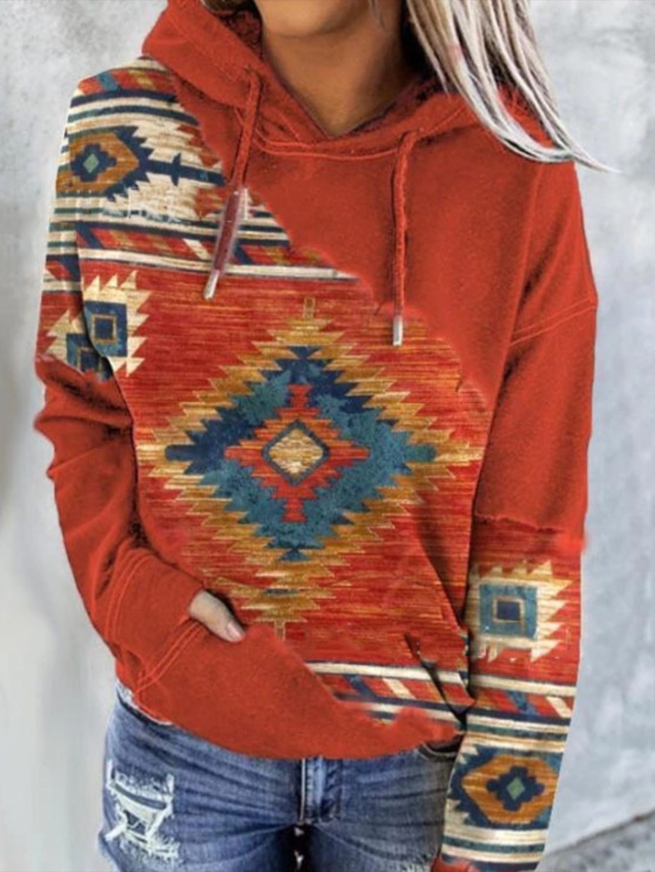 Aztec Geo Print Kangaroo Pocket Hoodie, Casual Long Sleeve Drawstring Hoodies Sweatshirt