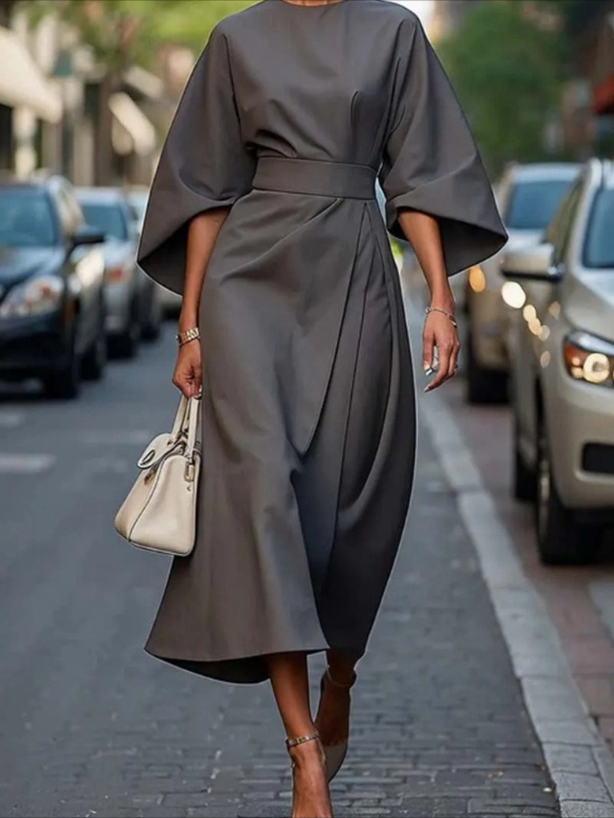 Elegant Solid Color Waist Seven Quarter Sleeve Round Neck Dress