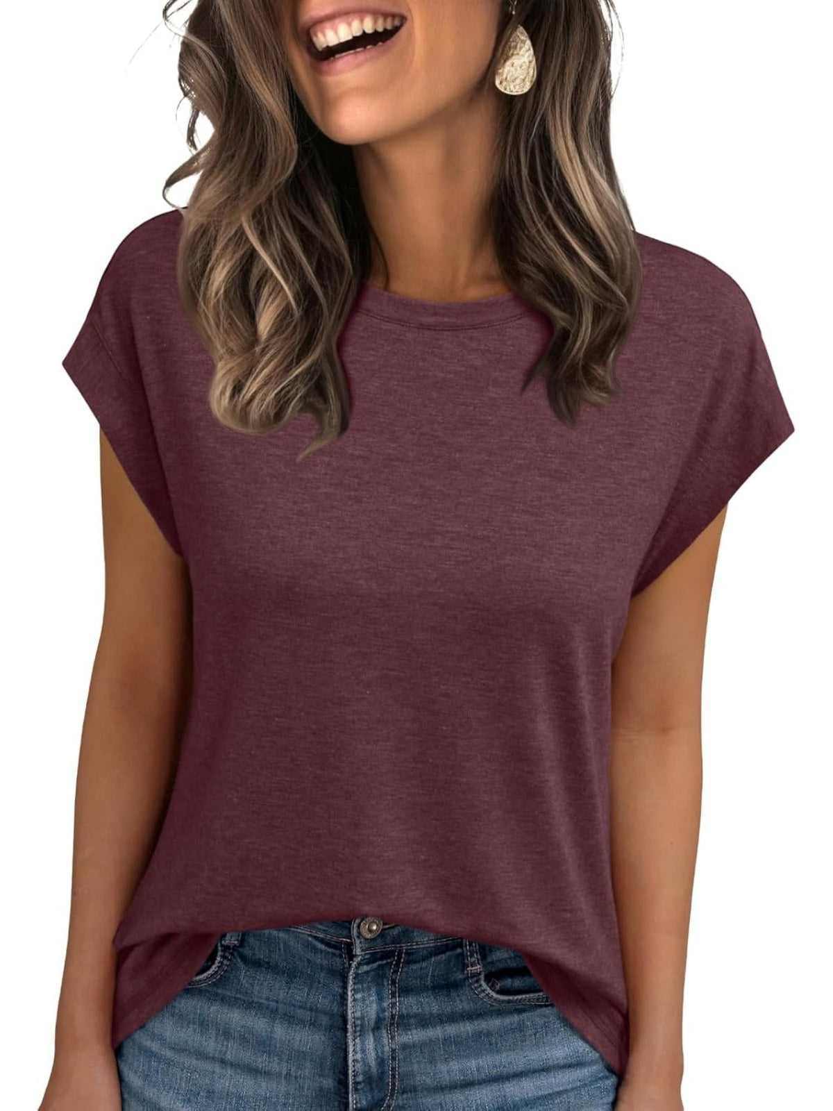 Solid Color Round Neck Cap Sleeve T Shirts