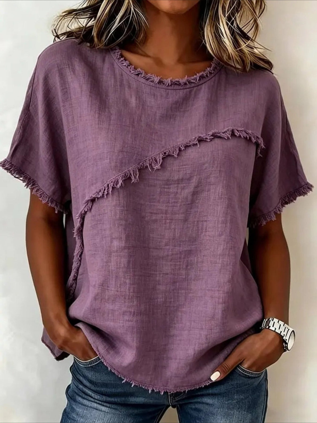 Round Neck Casual Fringed Panel Loose Short Sleeve Top