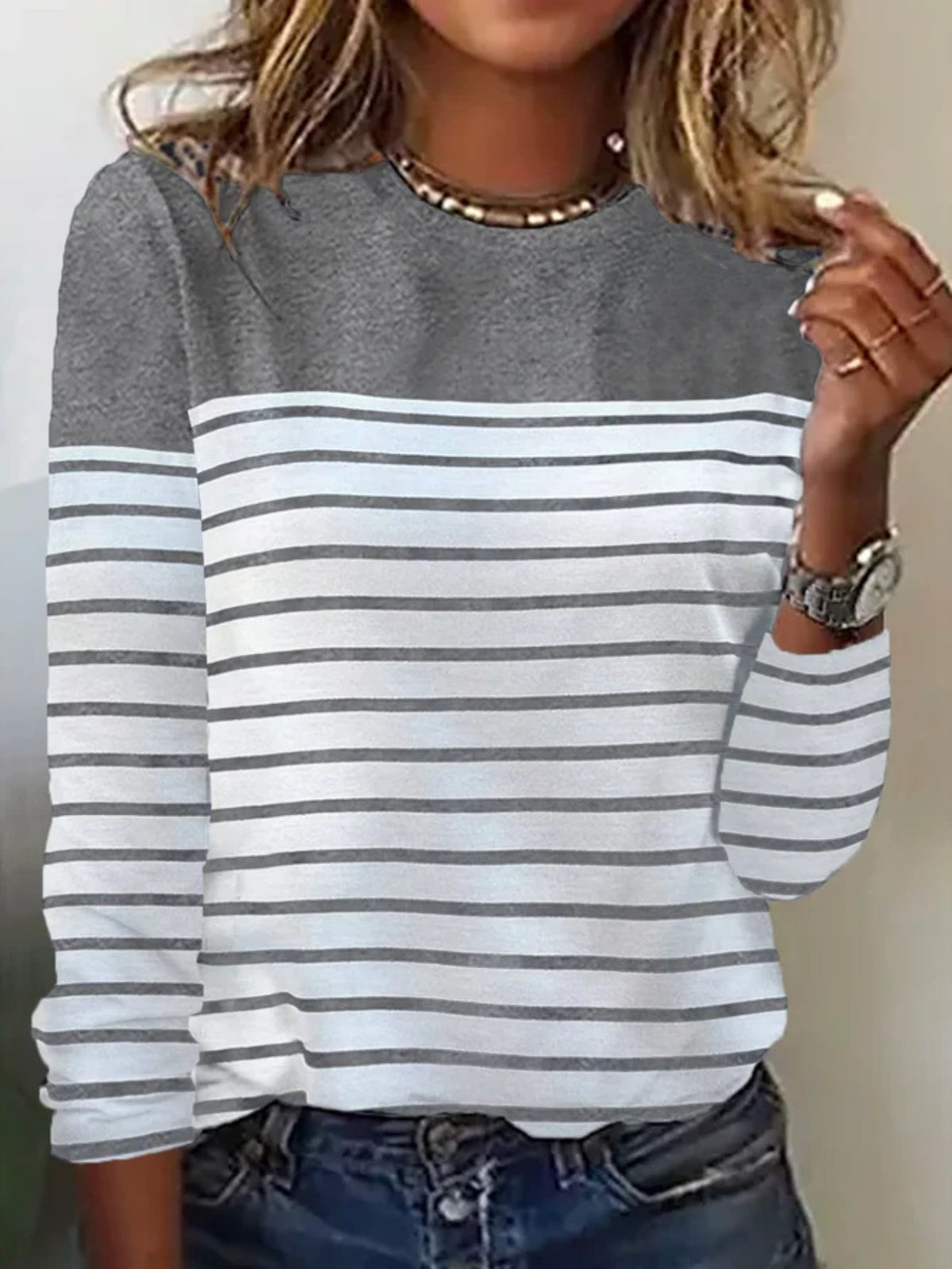 Stripe Print Crew Neck T-Shirt, Casual Long Sleeve Top