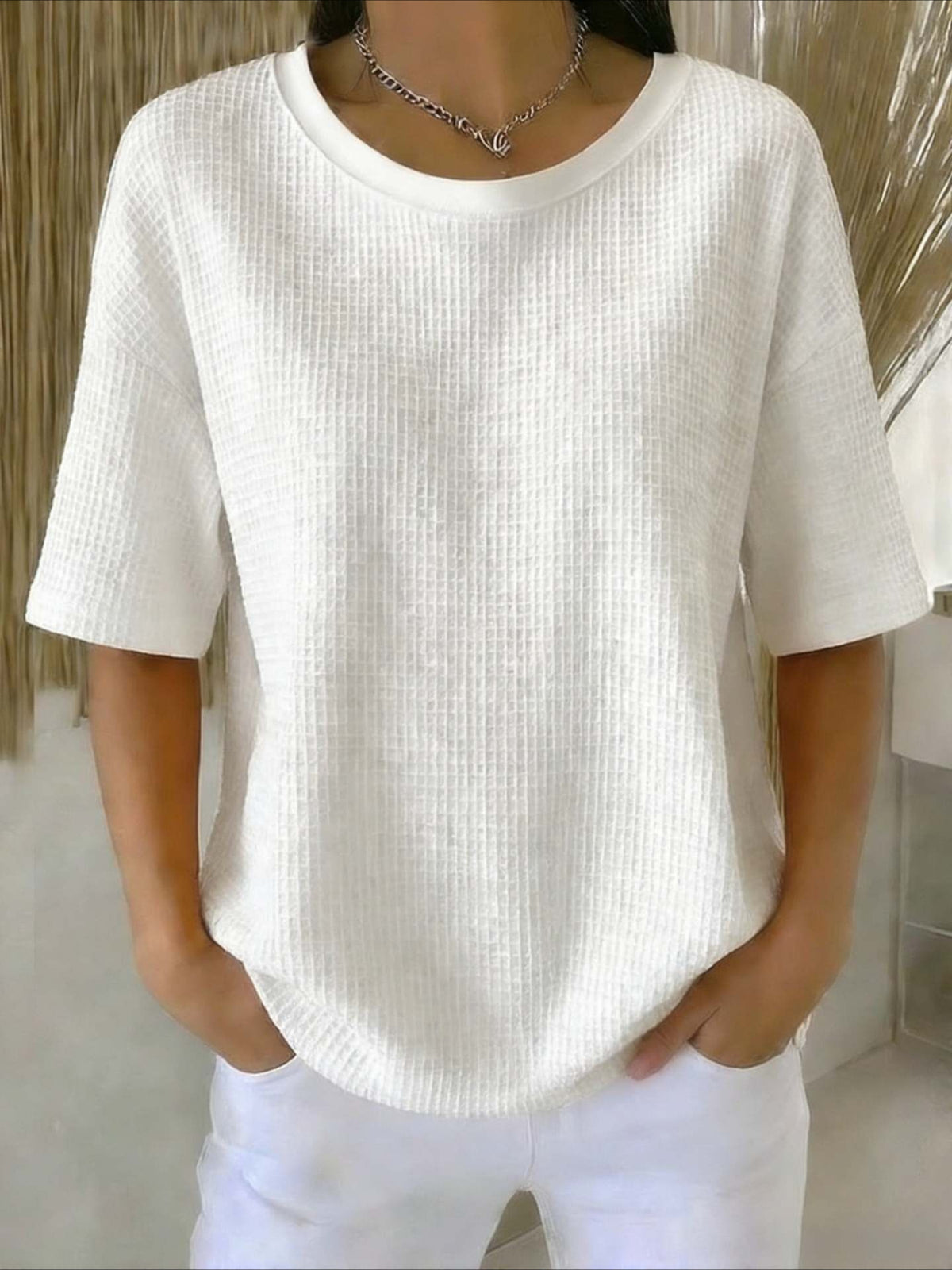 Waffle Solid Color Classic Modern Casual Short Sleeve Crew Neck Regular Tops